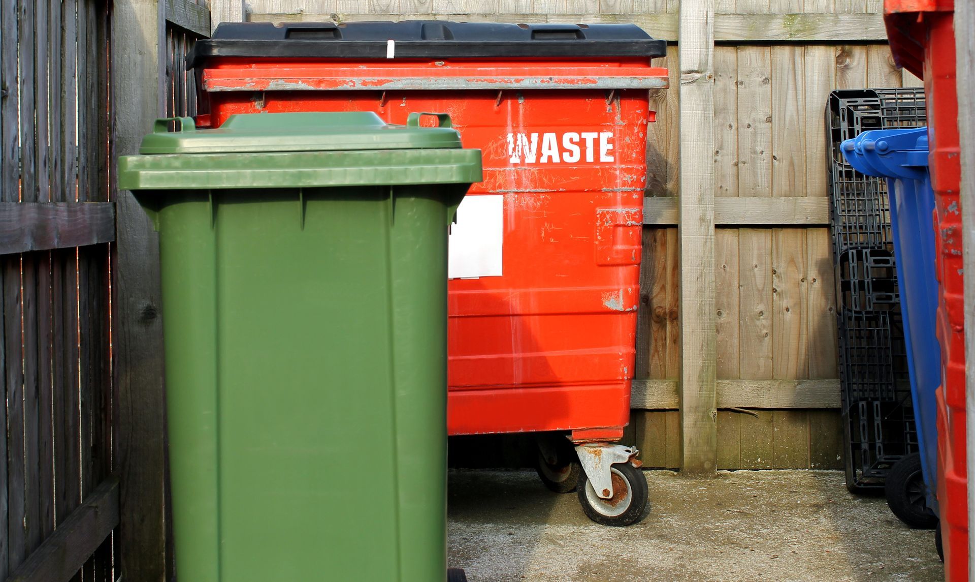 Green, red, and blue trash bins sit against a wooden fence. The red bin has