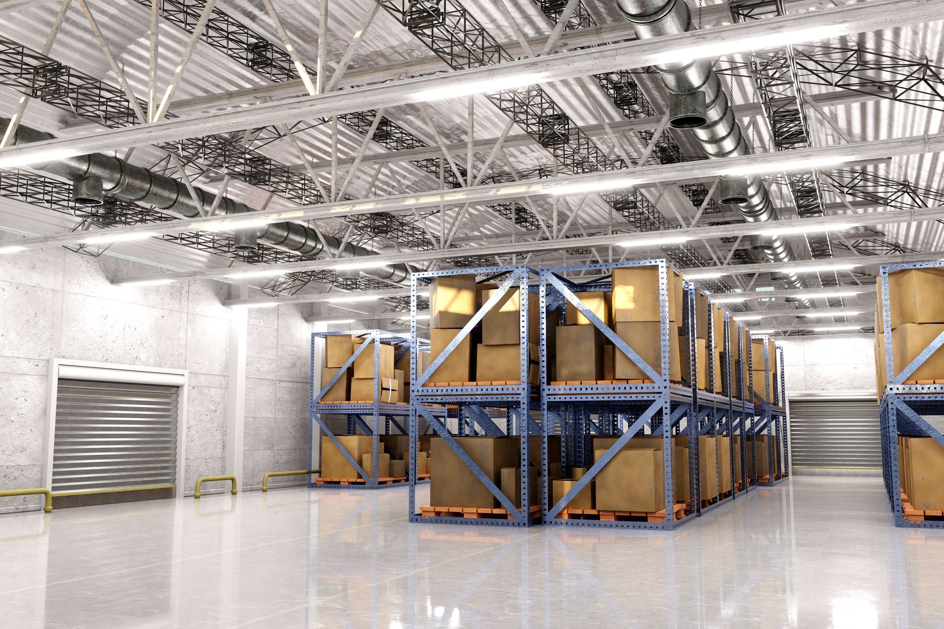 A well-lit, spacious warehouse featuring rows of tall, blue steel storage racks filled with cardboard boxes.