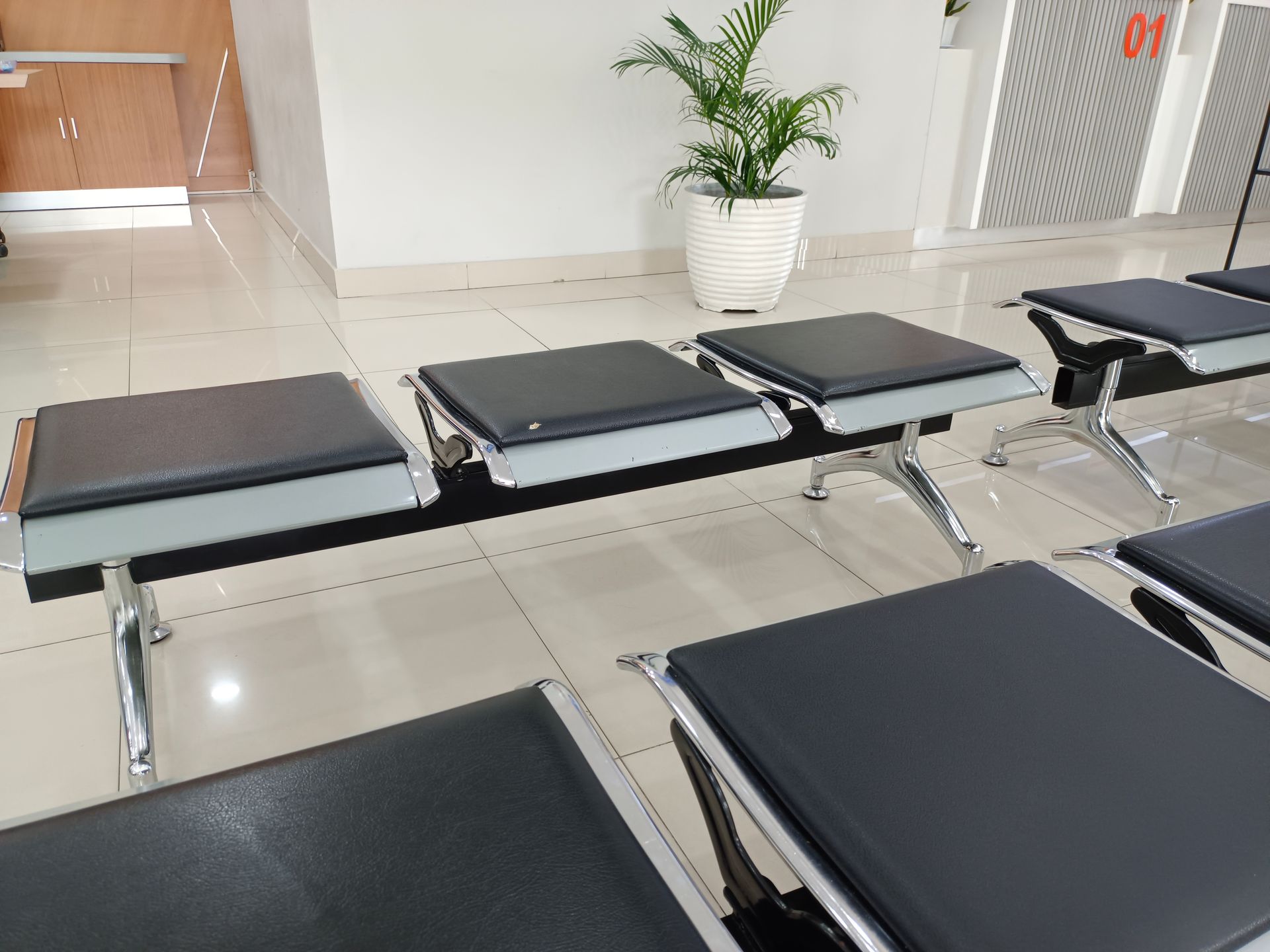 Rows of black-cushioned waiting room chairs arranged in an indoor office setting with a potted plant in the background.