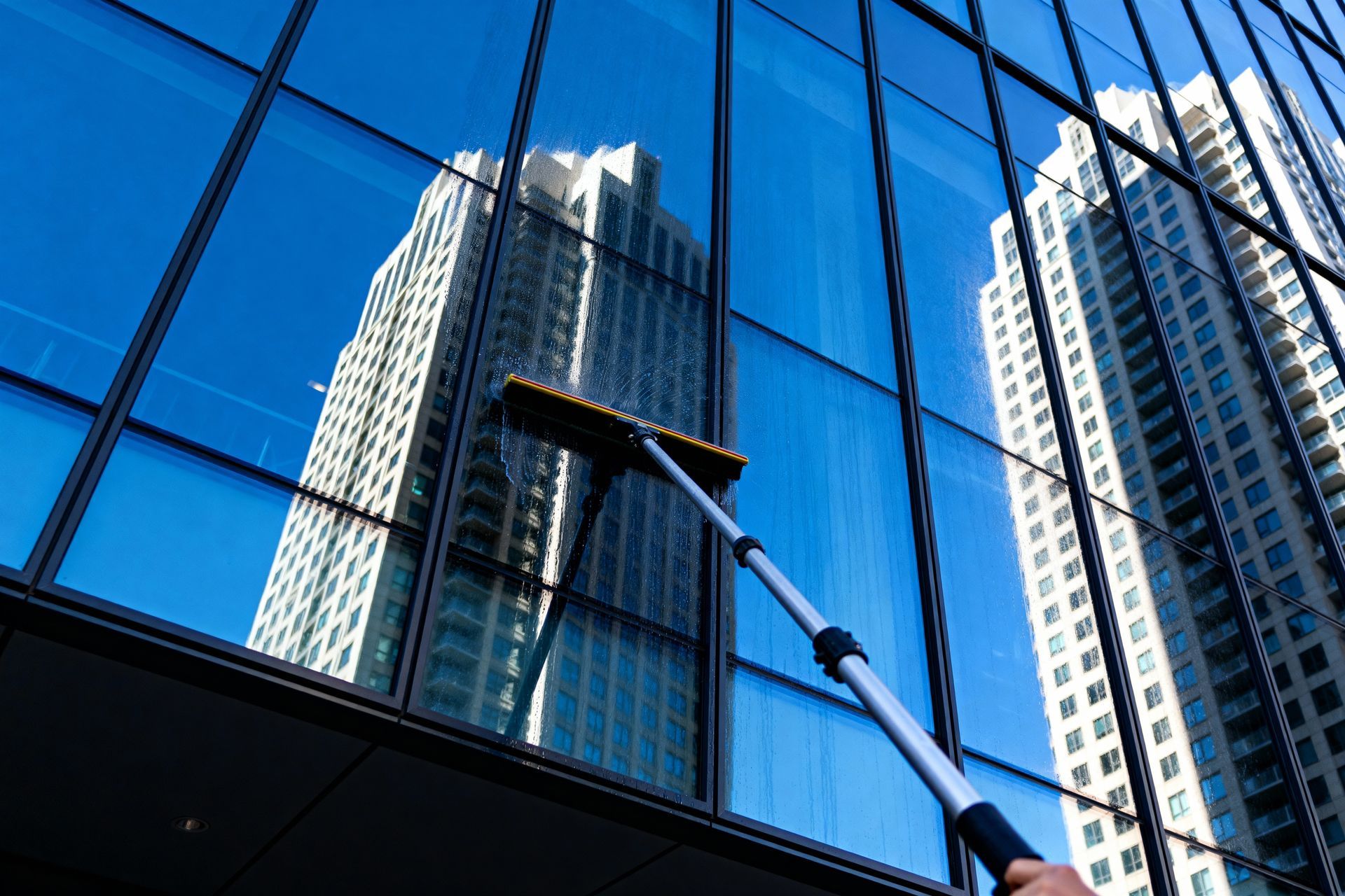 Window cleaner washing glass high-rise reflecting blue sky and skyscrapers