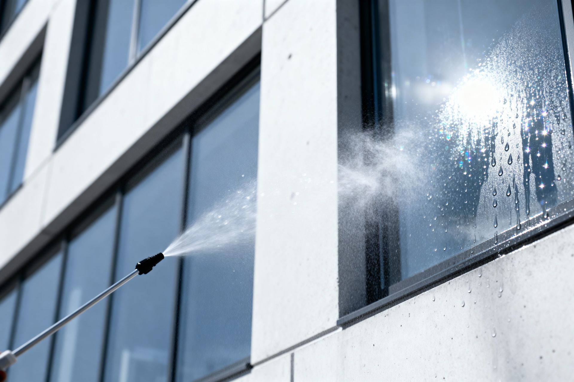 A spray nozzle cleans a modern office building’s glass window, spraying water mist against the pane.