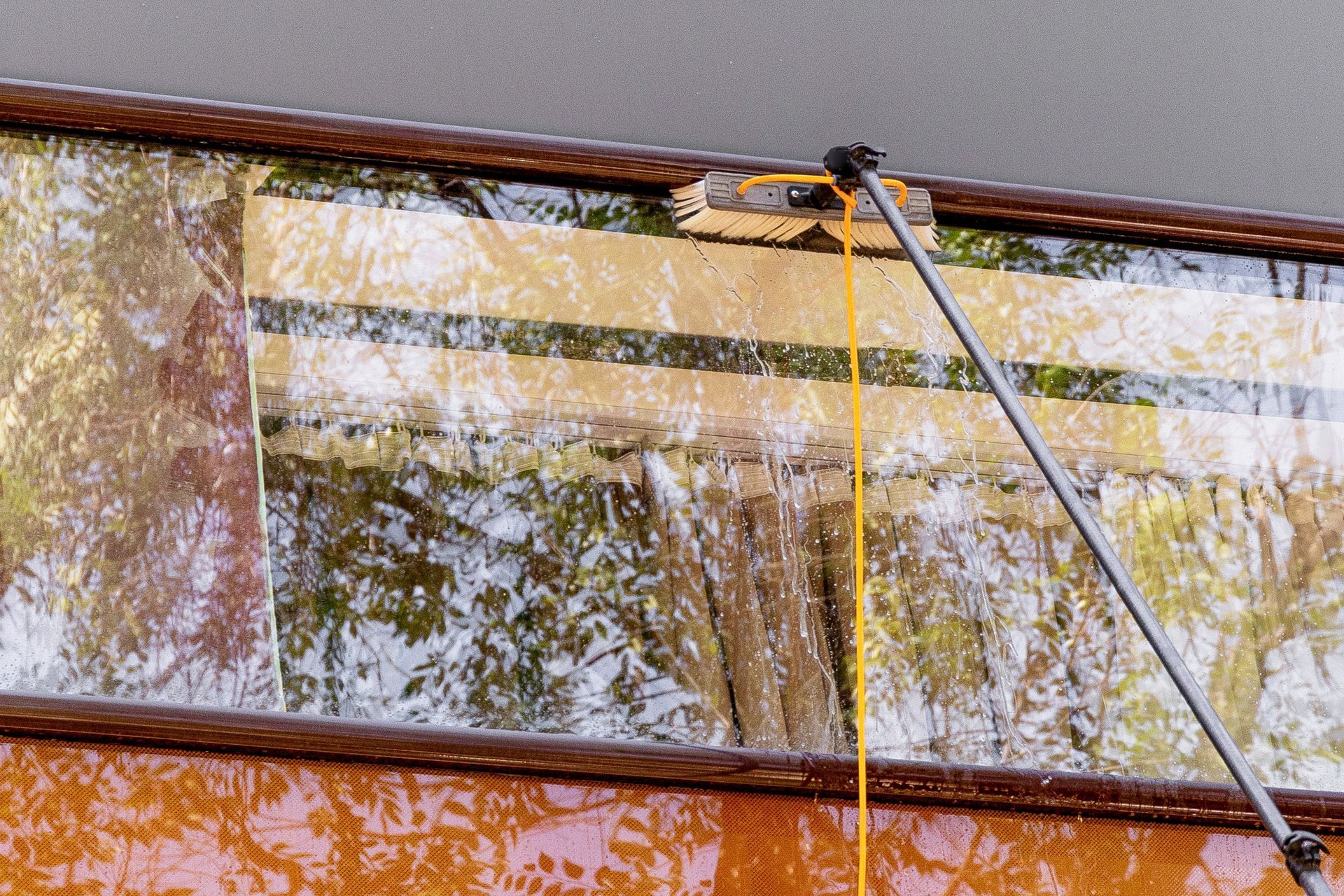 A long-handled squeegee cleans the glass of a window, reflecting trees and a building exterior.