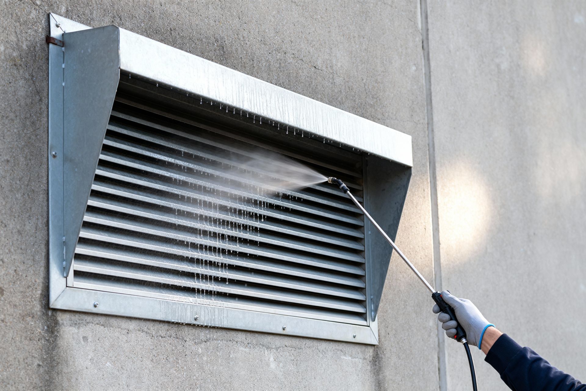 A gloved hand uses a pressure washer to clean a metal ventilation vent mounted on a gray concrete wall.