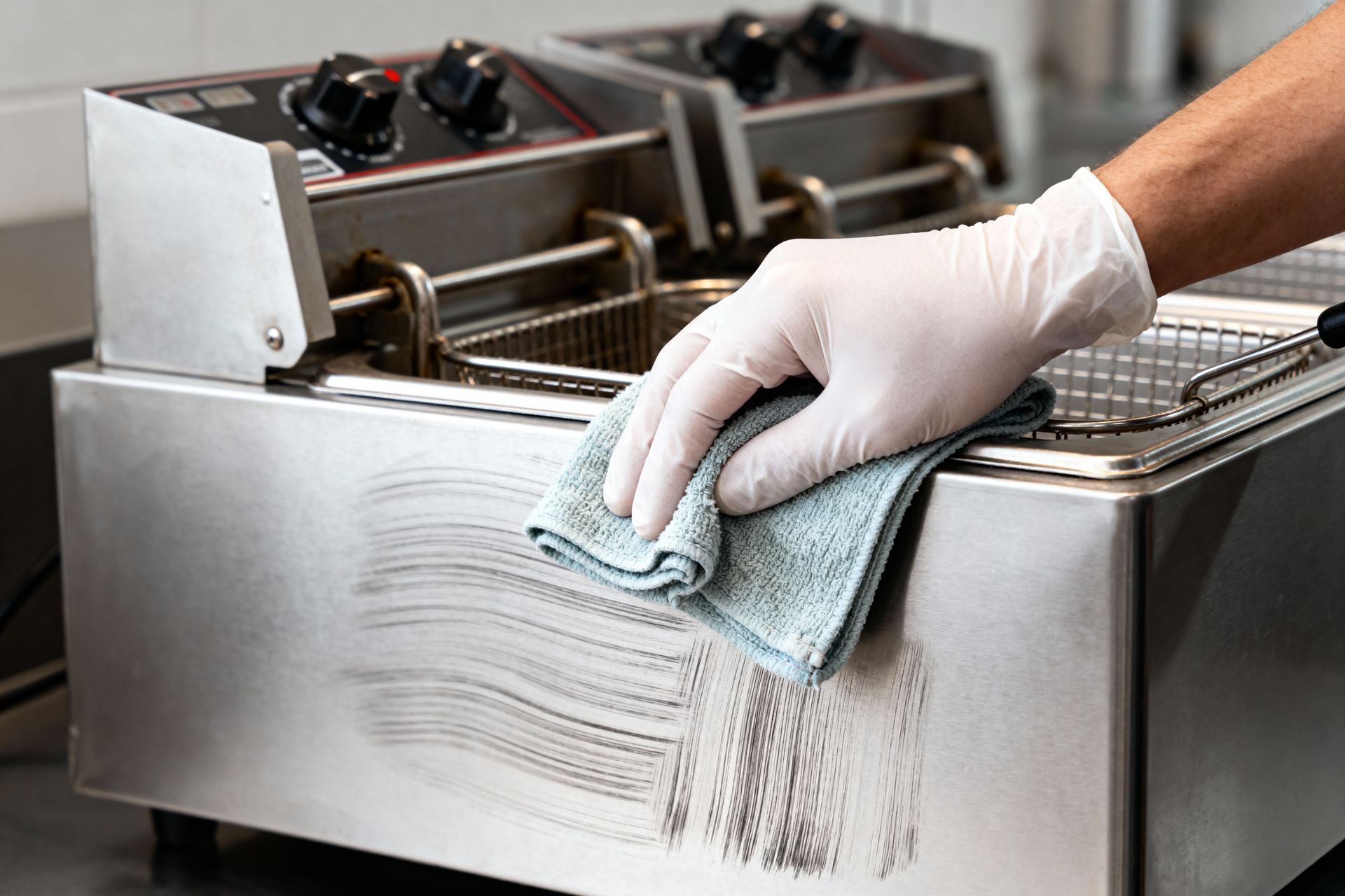A gloved hand uses a cleaning cloth to wipe grease from a stainless steel deep fryer in a commercial kitchen.