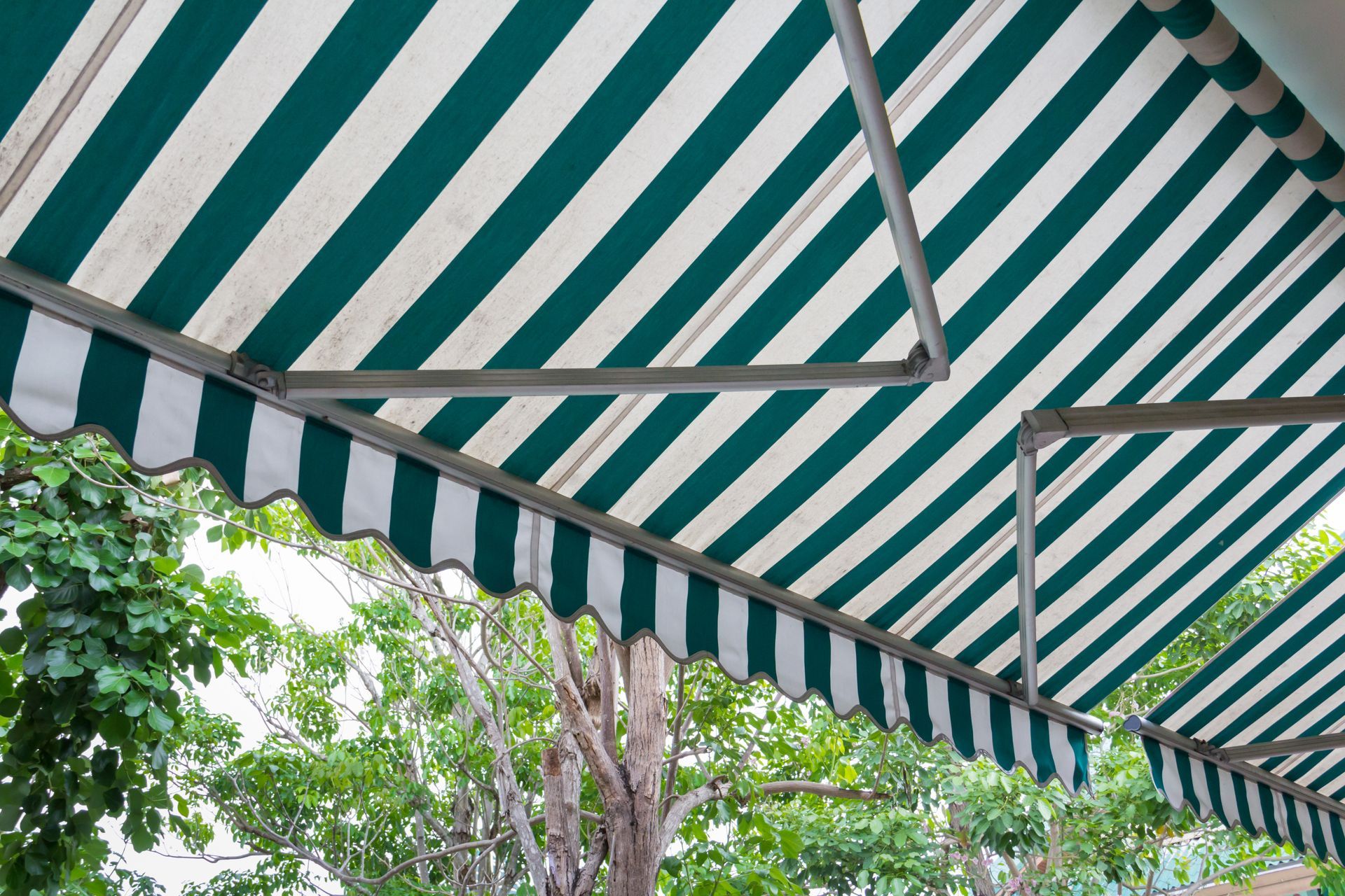Green and white striped retractable awning extending over a background of lush green trees.