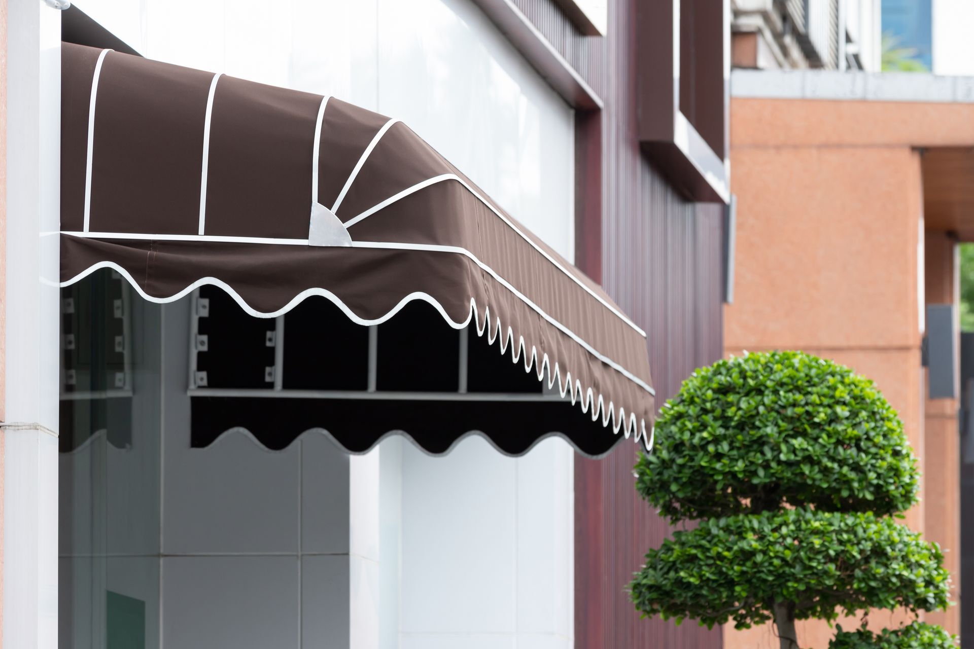 A brown fabric awning with white scalloped trim installed over a doorway, next to a small, manicured bush.