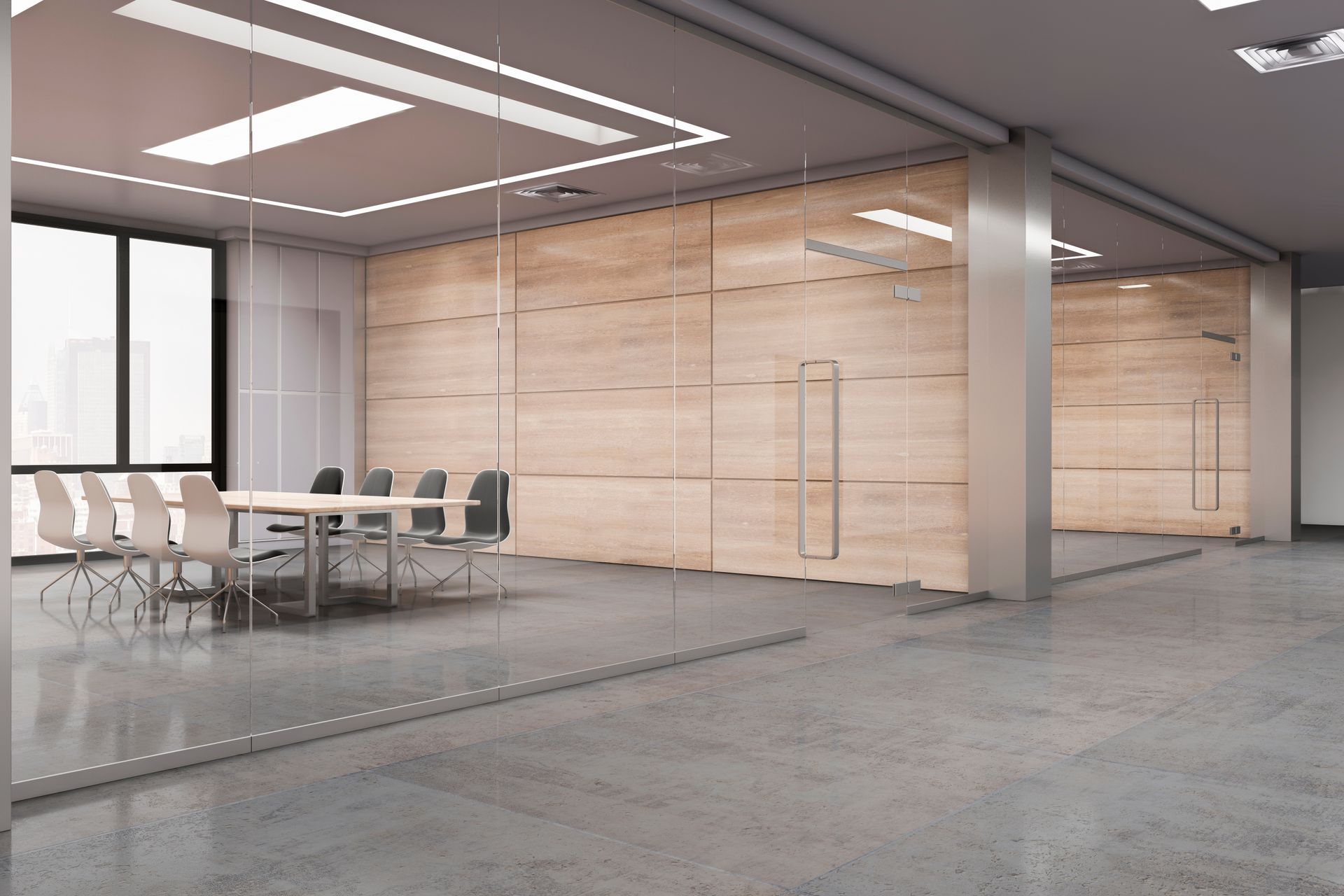 Modern office meeting room with a wooden partition wall, glass doors, and a conference table with chairs on concrete floor.