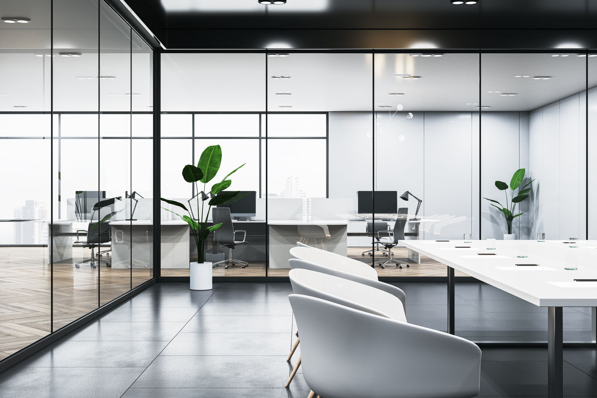 A modern office with glass-walled conference rooms, white desks, chairs, and potted plants on a polished concrete floor.