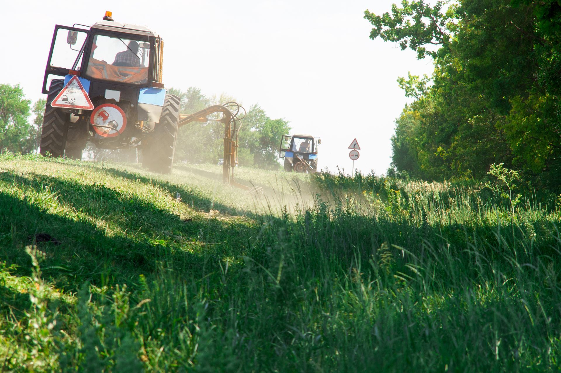 Two tractors mowing tall grass in a sunlit field with trees in the background.