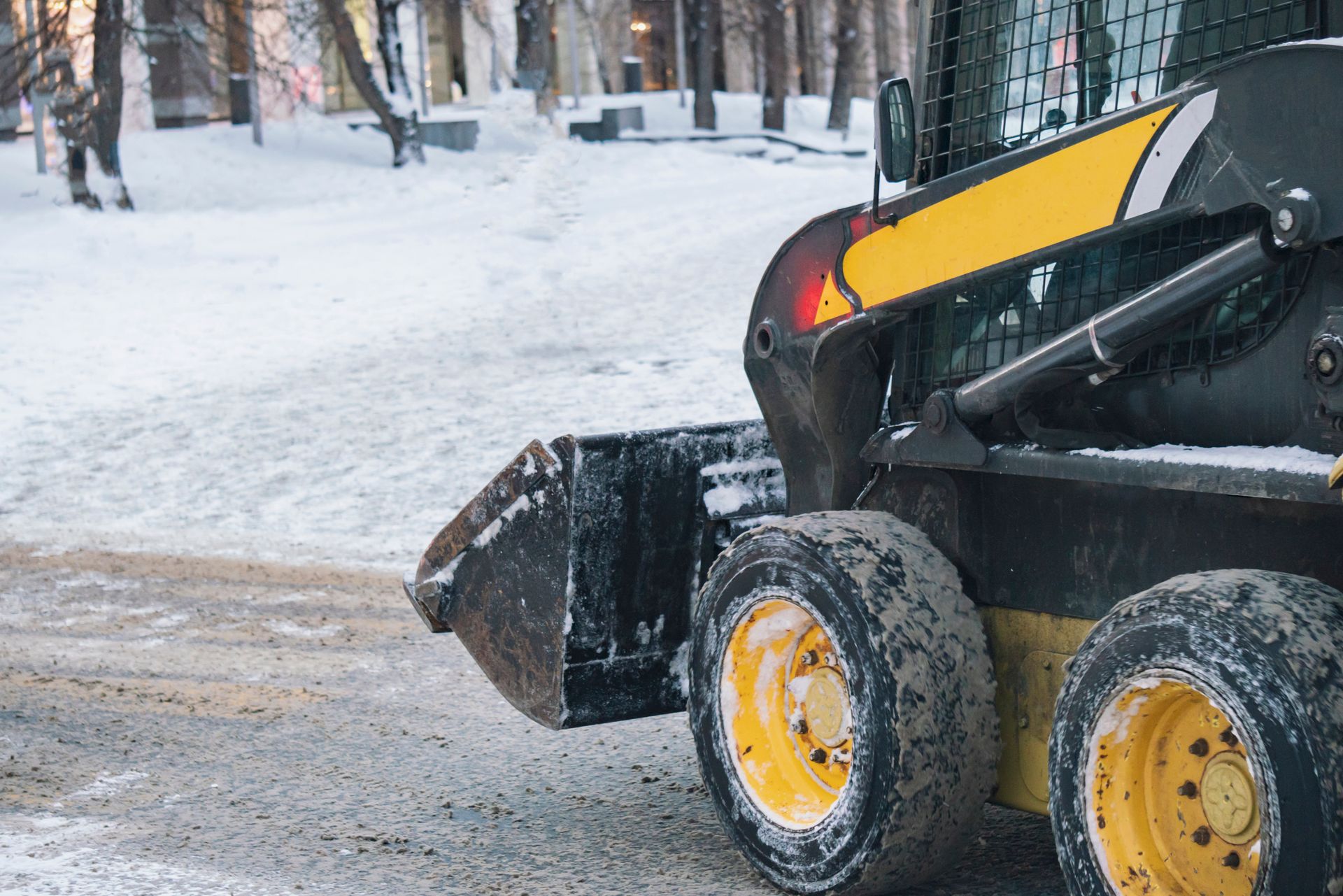 A yellow and black skid-steer loader parked on a snowy, gravel ground with trees in the background.