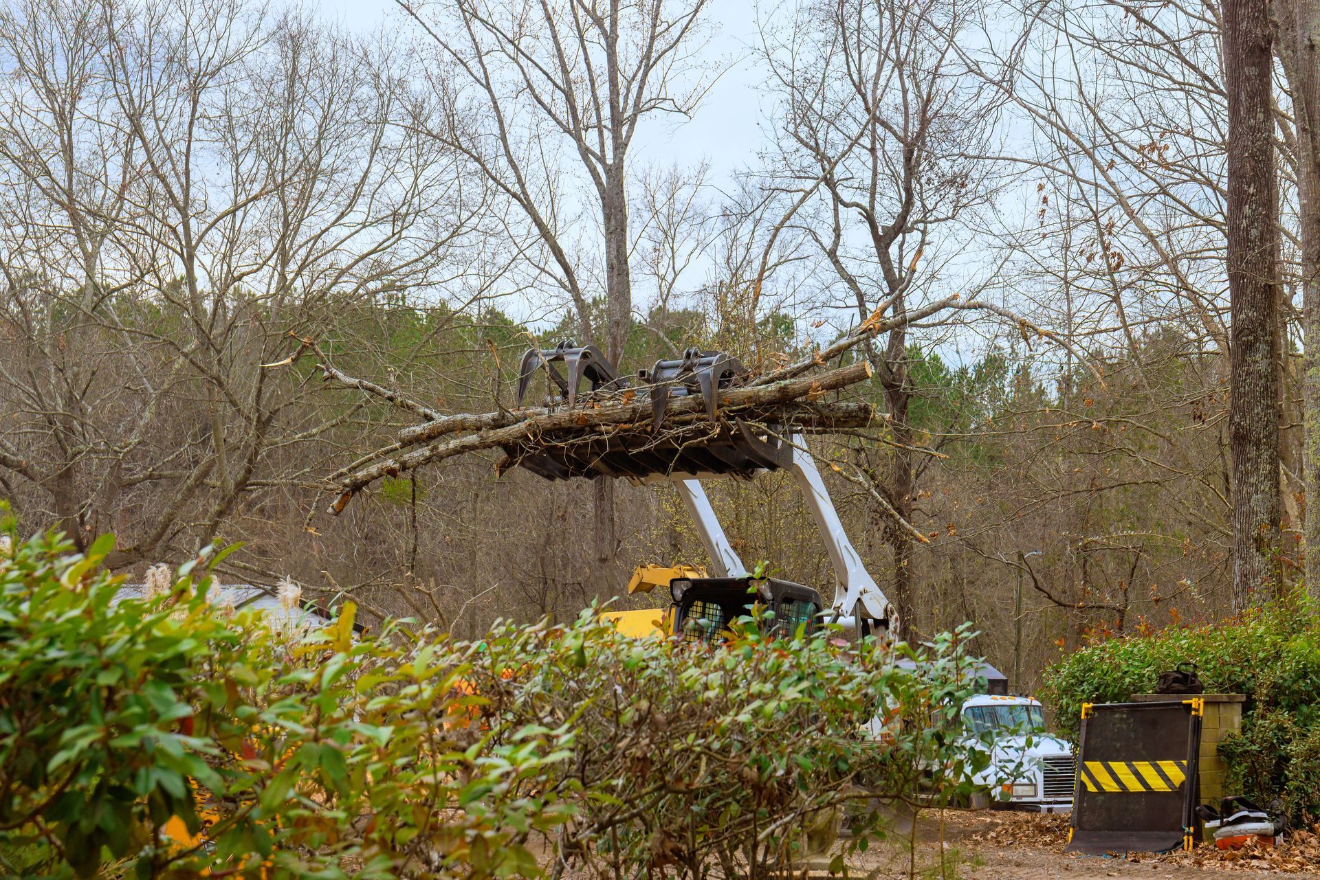 A yellow grapple truck lifting a bundle of cut tree branches in a wooded area.