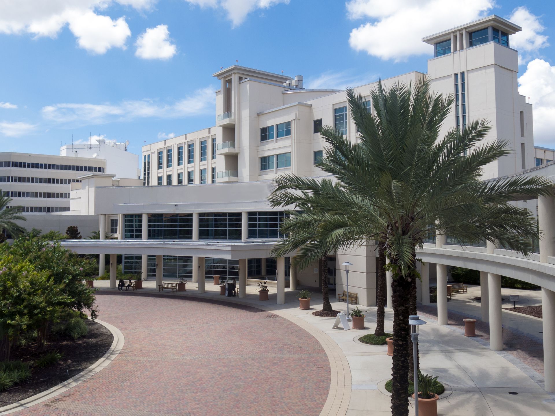 A multi-story hospital building with a circular paved driveway, a palm tree in the foreground, and a blue sky with clouds.
