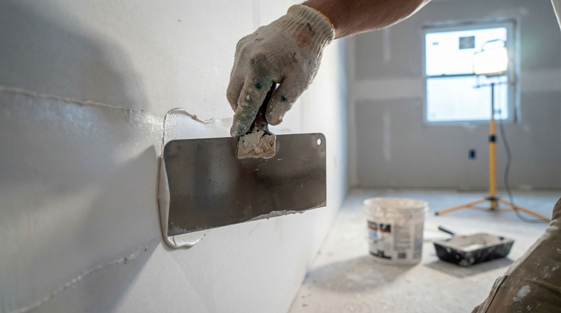 A hand wearing a work glove uses a metal putty knife to smooth joint compound over a seam on a wall.
