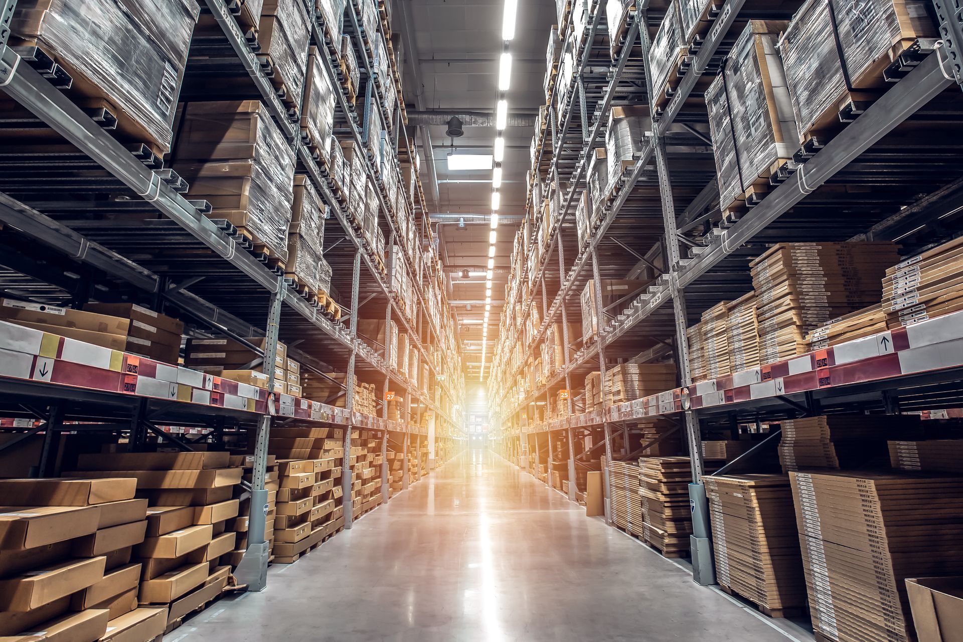 Rows of tall, packed metal shelving units in a brightly lit industrial warehouse, converging toward a central light source.
