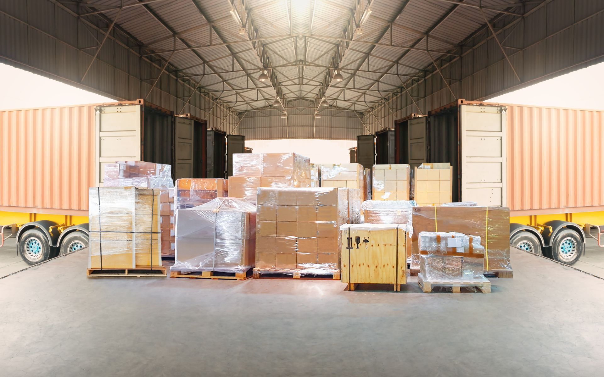 Pallets of goods packed in cardboard and plastic wrap inside a large warehouse, flanked by open shipping containers.