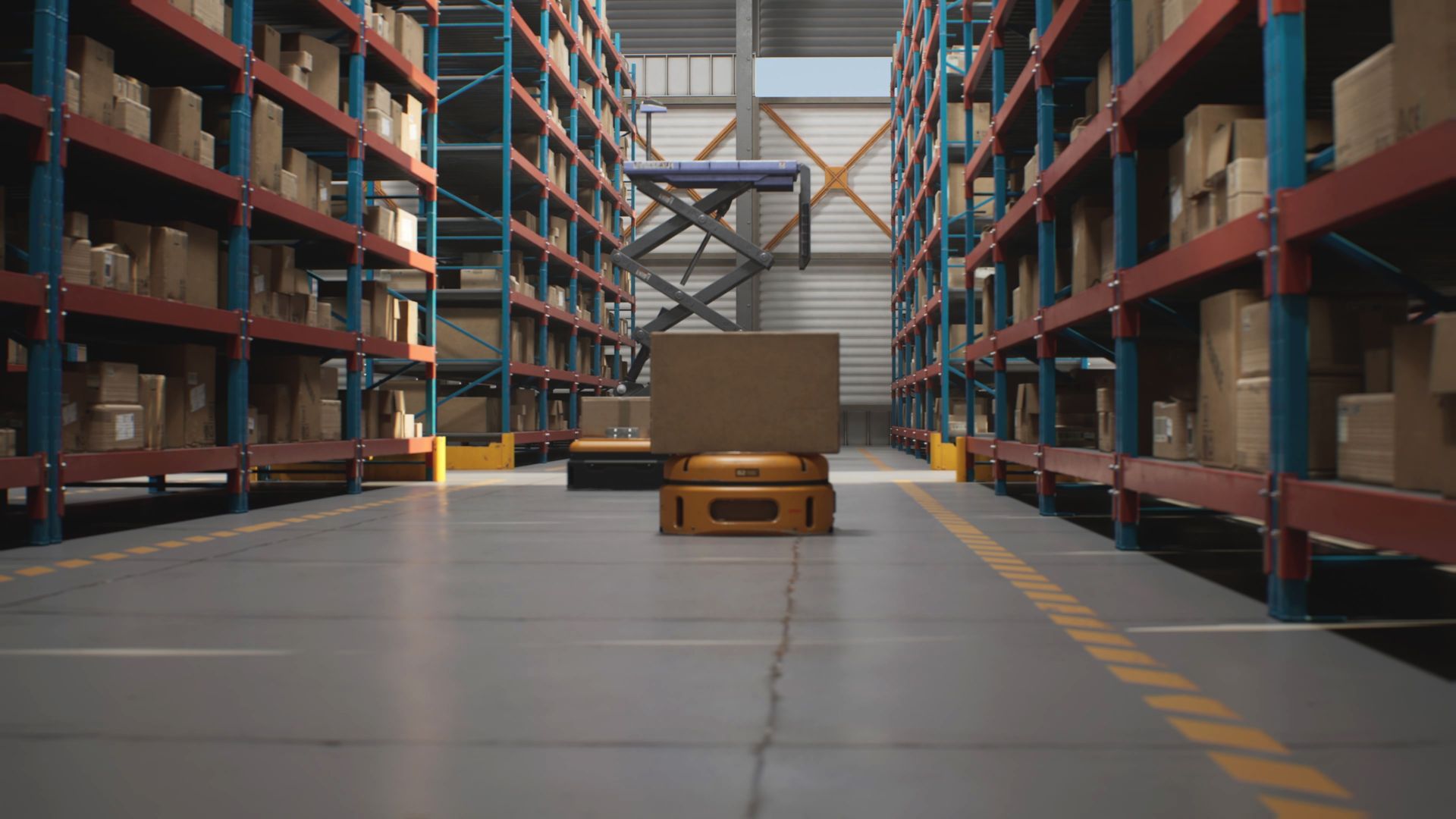 A yellow automated mobile robot carries a cardboard box through a narrow aisle between warehouse storage racks.