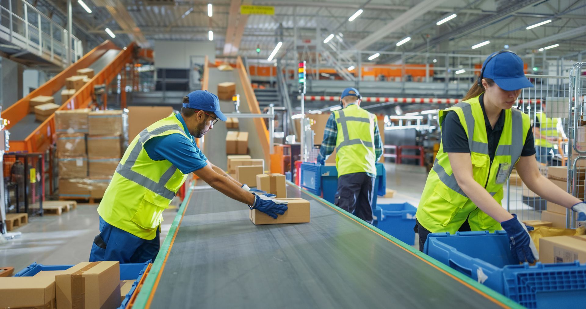 Warehouse workers wearing high-visibility vests and gloves sort and pack cardboard boxes along a moving conveyor belt.