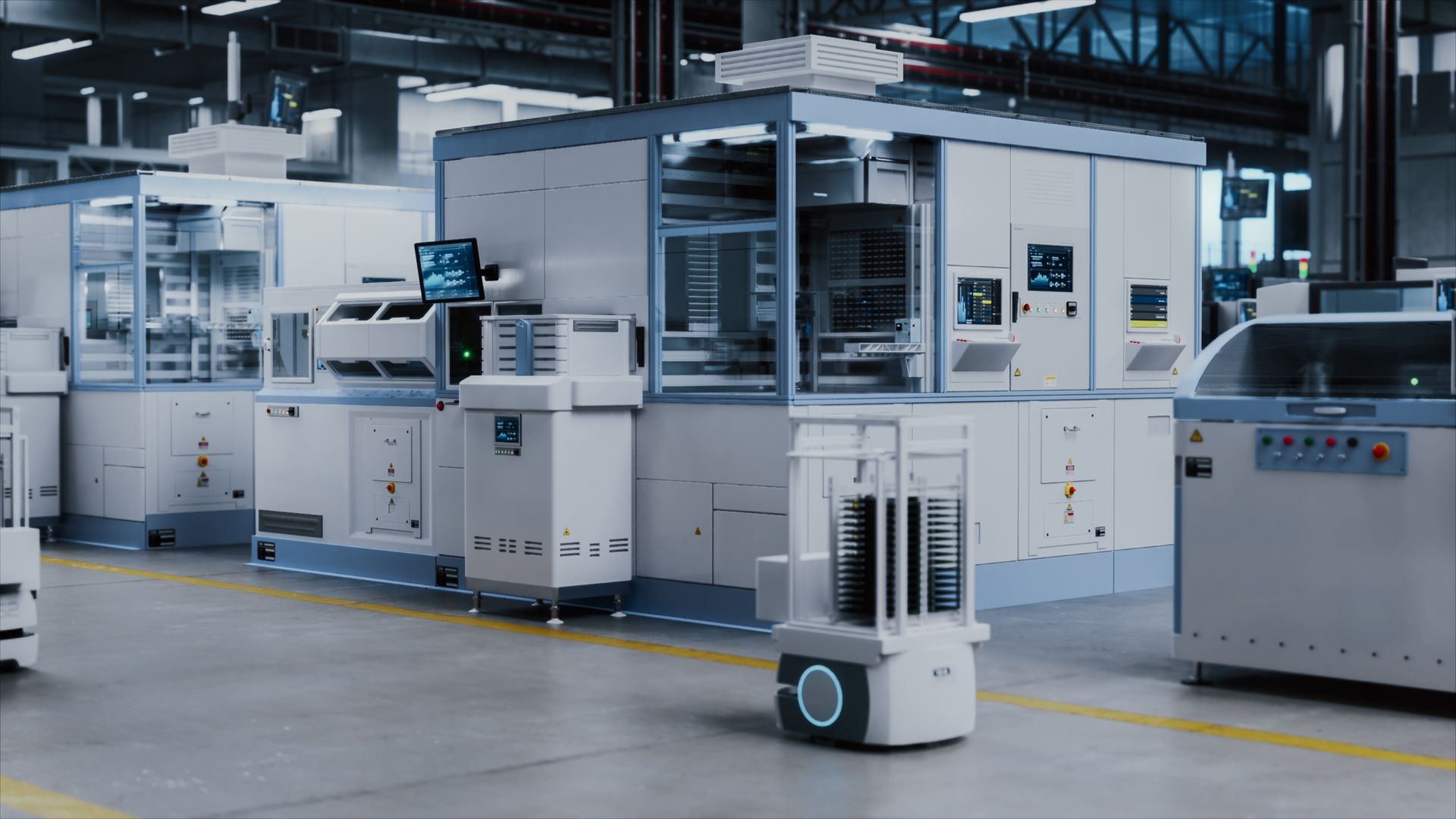 A white autonomous mobile robot carries a rack through a bright
