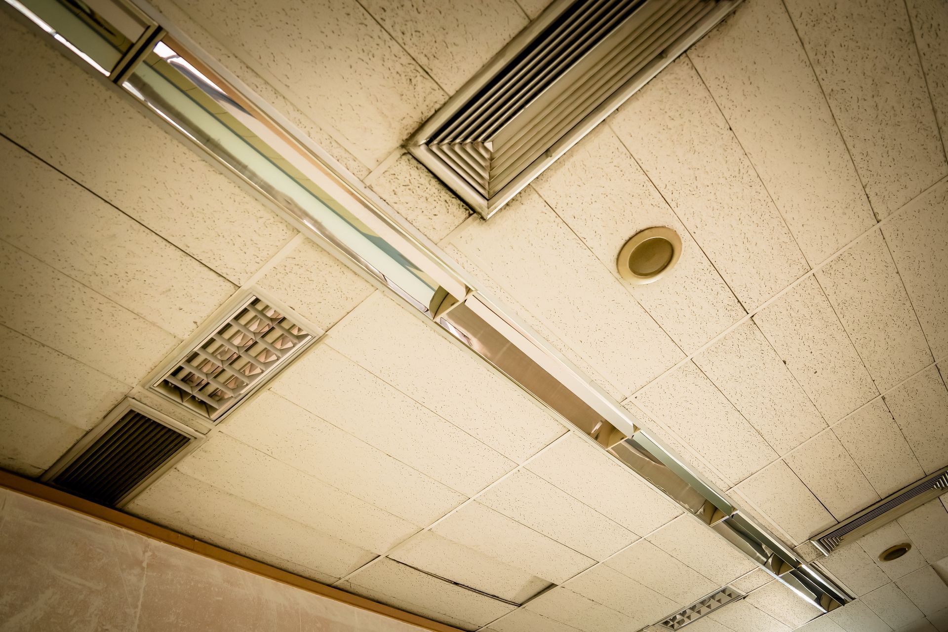 Low-angle view of an office ceiling with recessed light fixtures, a rectangular air vent, and a circular speaker.