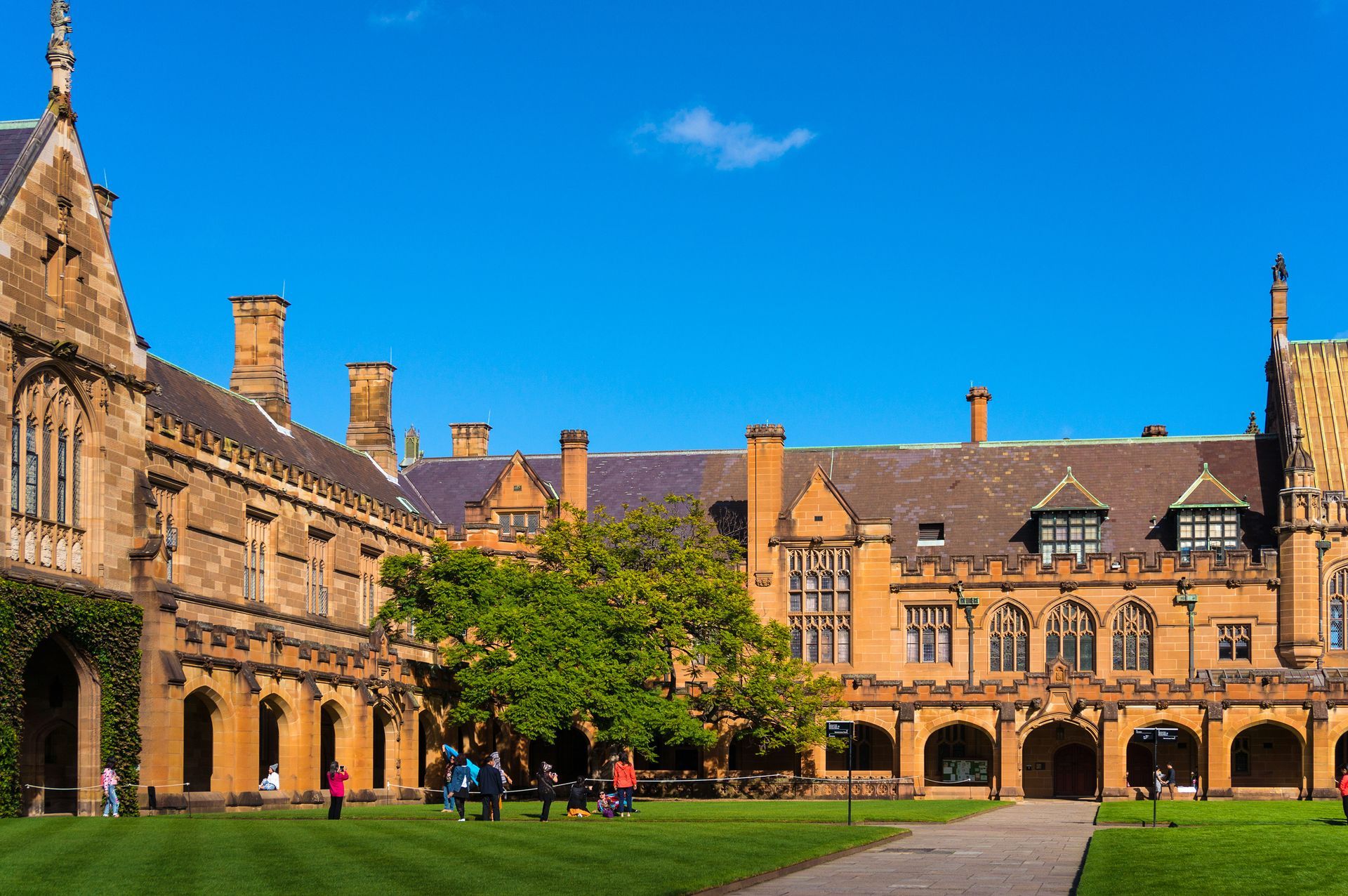 The sandstone quadrangle of the University of Sydney, featuring Gothic architecture, green lawns, and a sunny sky.
