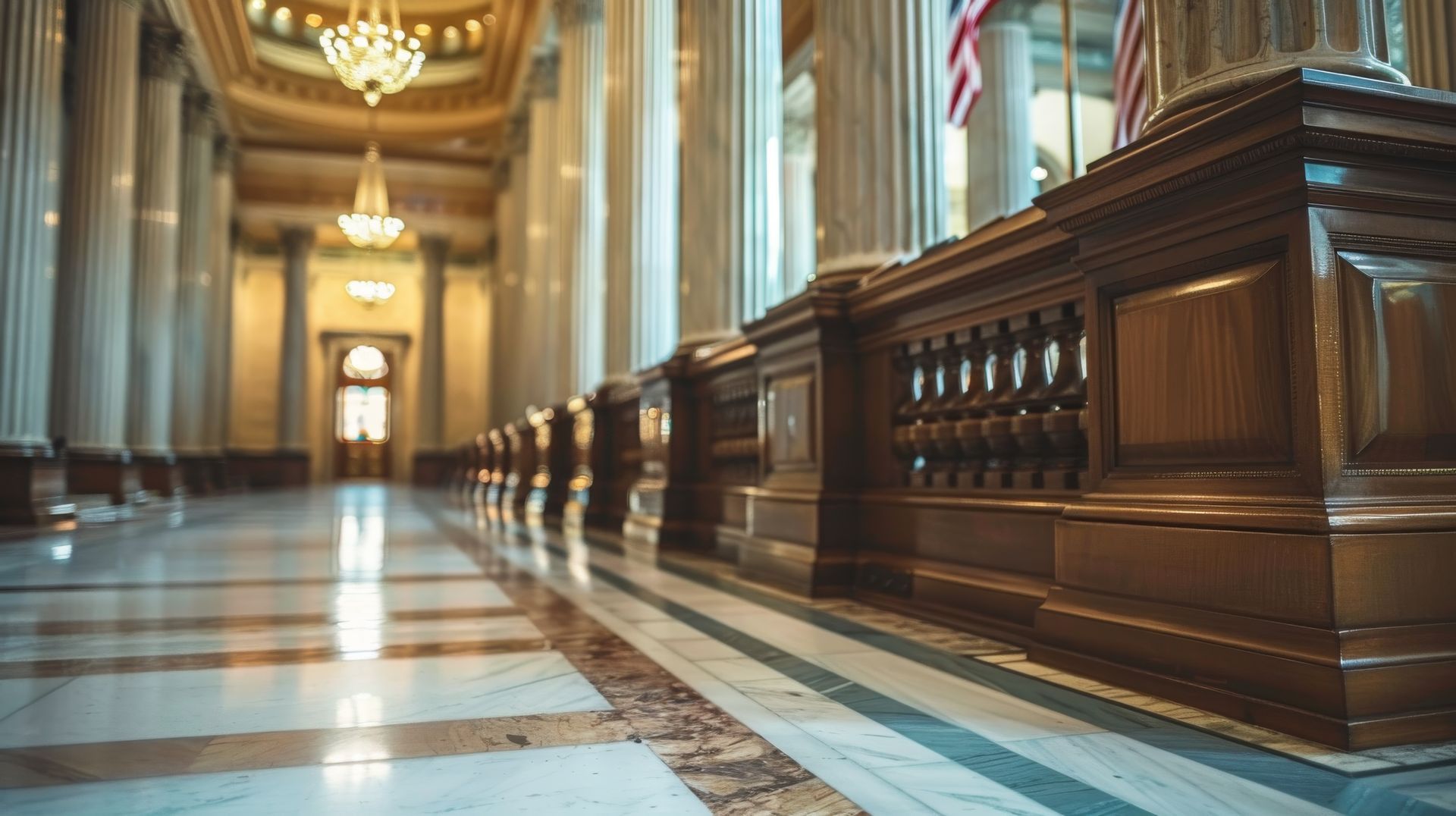 An elegant, low-angle view of a long, marble-floored hallway lined with tall columns, chandeliers, and wooden railings.