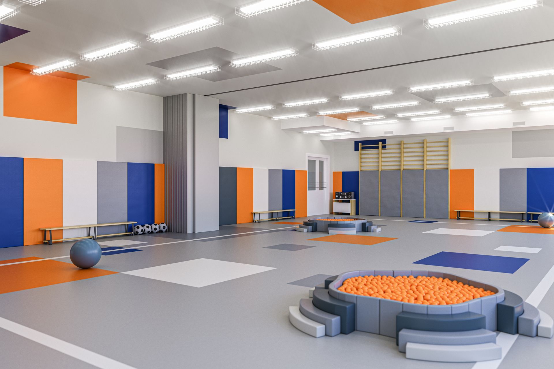 A bright, modern indoor play area featuring soft foam floor mats, a ball pit, and wall-mounted climbing ladders.