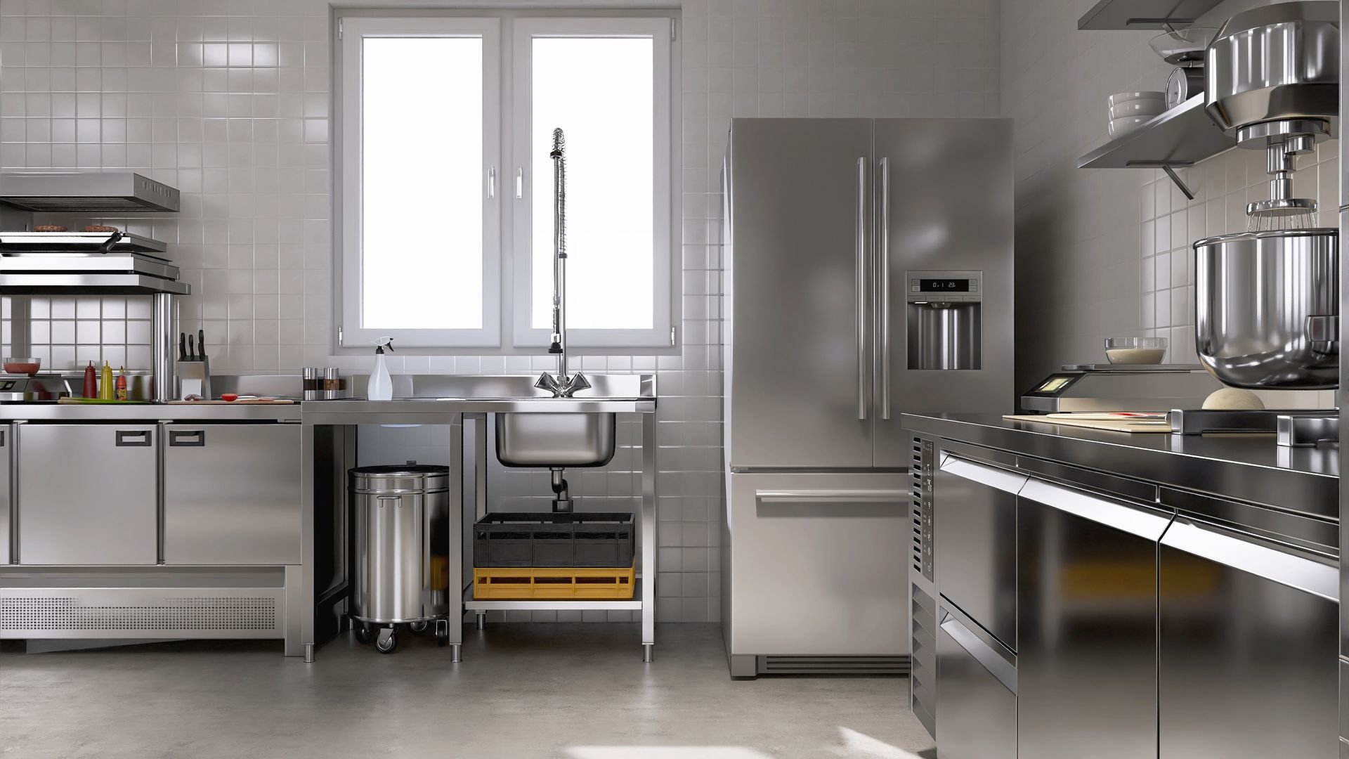 A professional kitchen featuring stainless steel appliances, a sink, a refrigerator, and metal work surfaces.