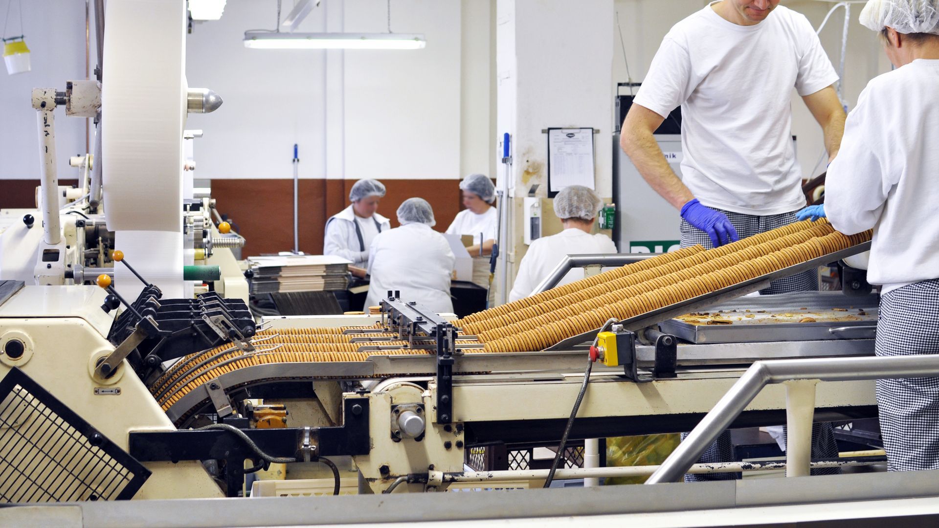 Workers in white uniforms process rows of cookies on an industrial conveyor belt in a manufacturing facility.