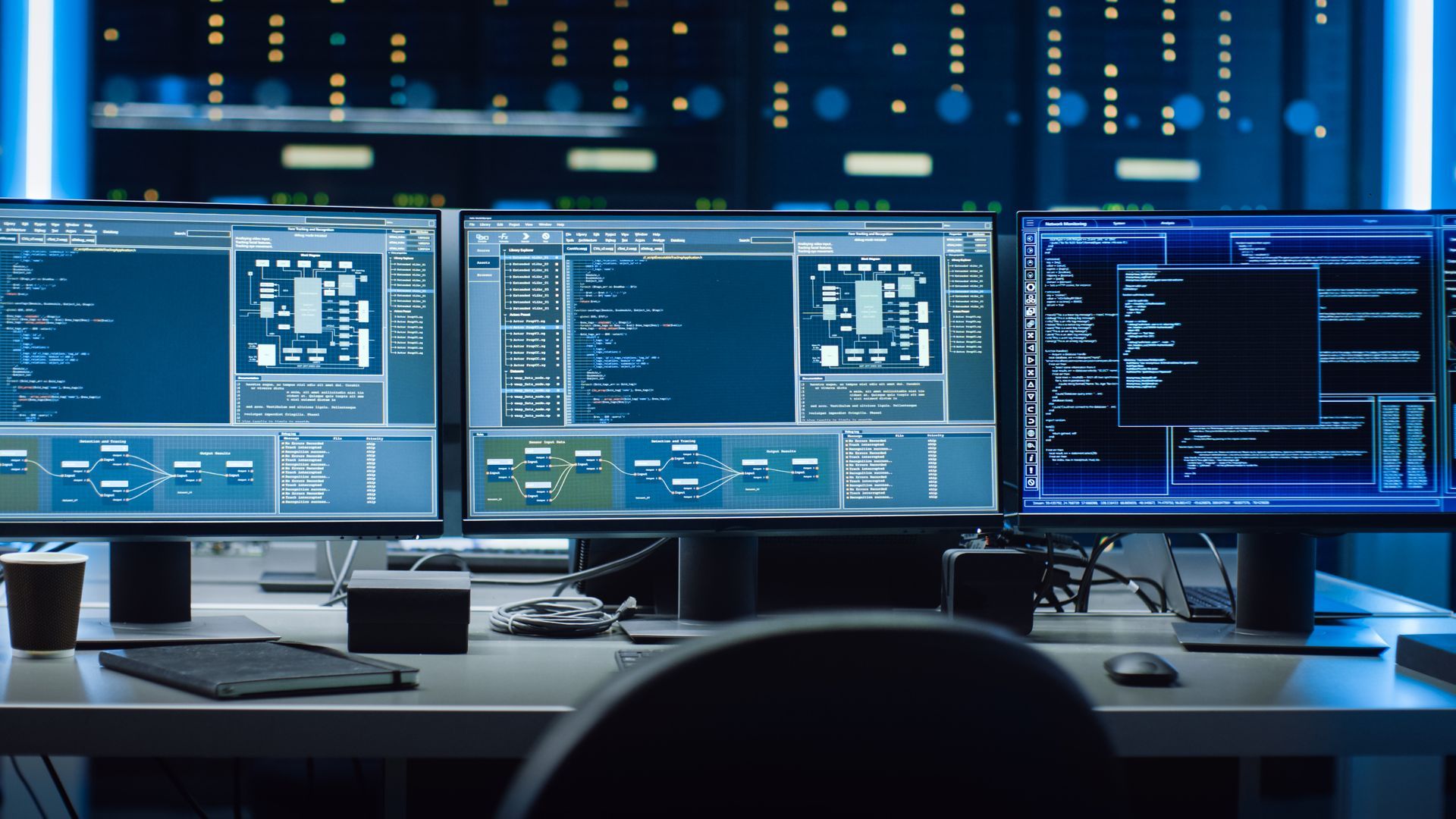 A dark, professional control room featuring three monitors displaying complex code and data graphs on a desk.