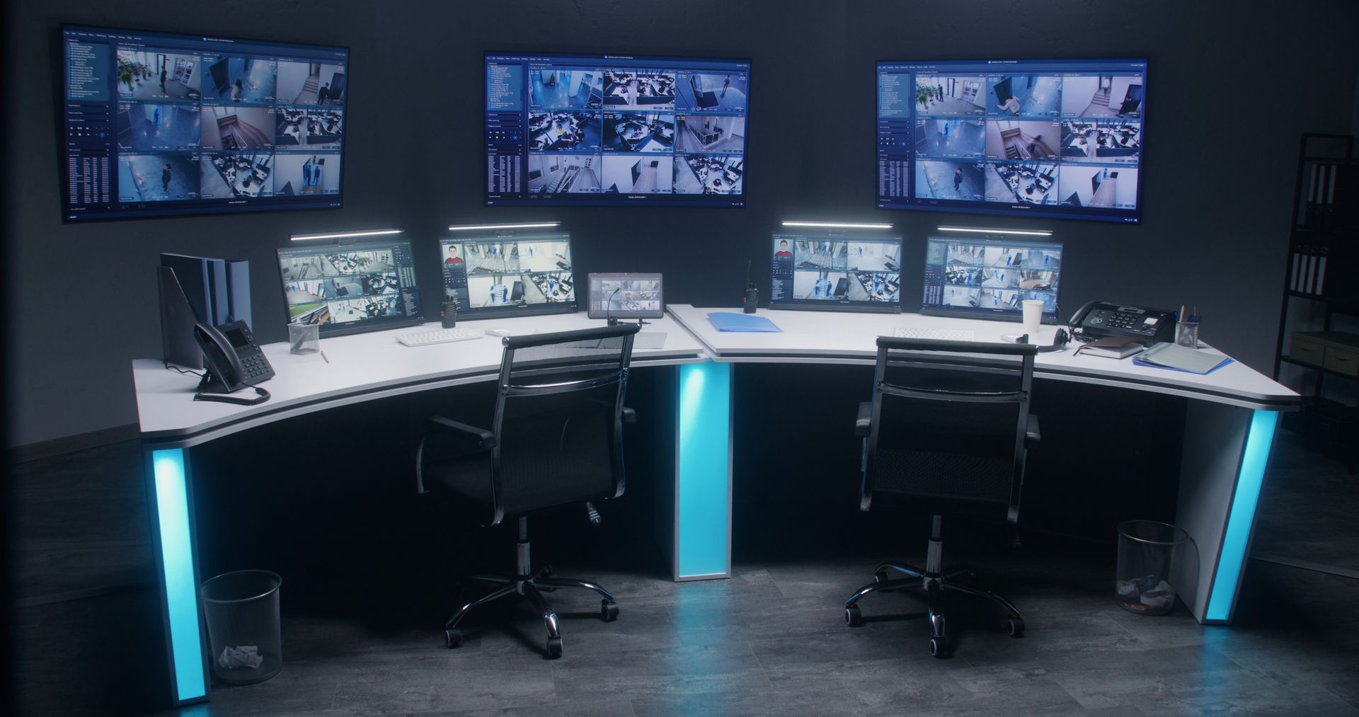 A modern security surveillance room with two ergonomic chairs facing a desk equipped with multiple monitors and screens.