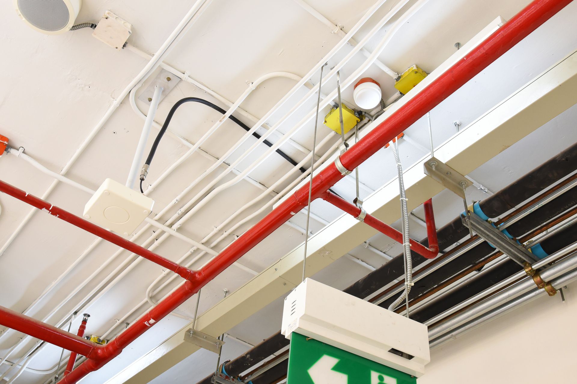 A low-angle view of industrial ceiling infrastructure, featuring red fire sprinkler pipes, white conduits, and an exit sign.