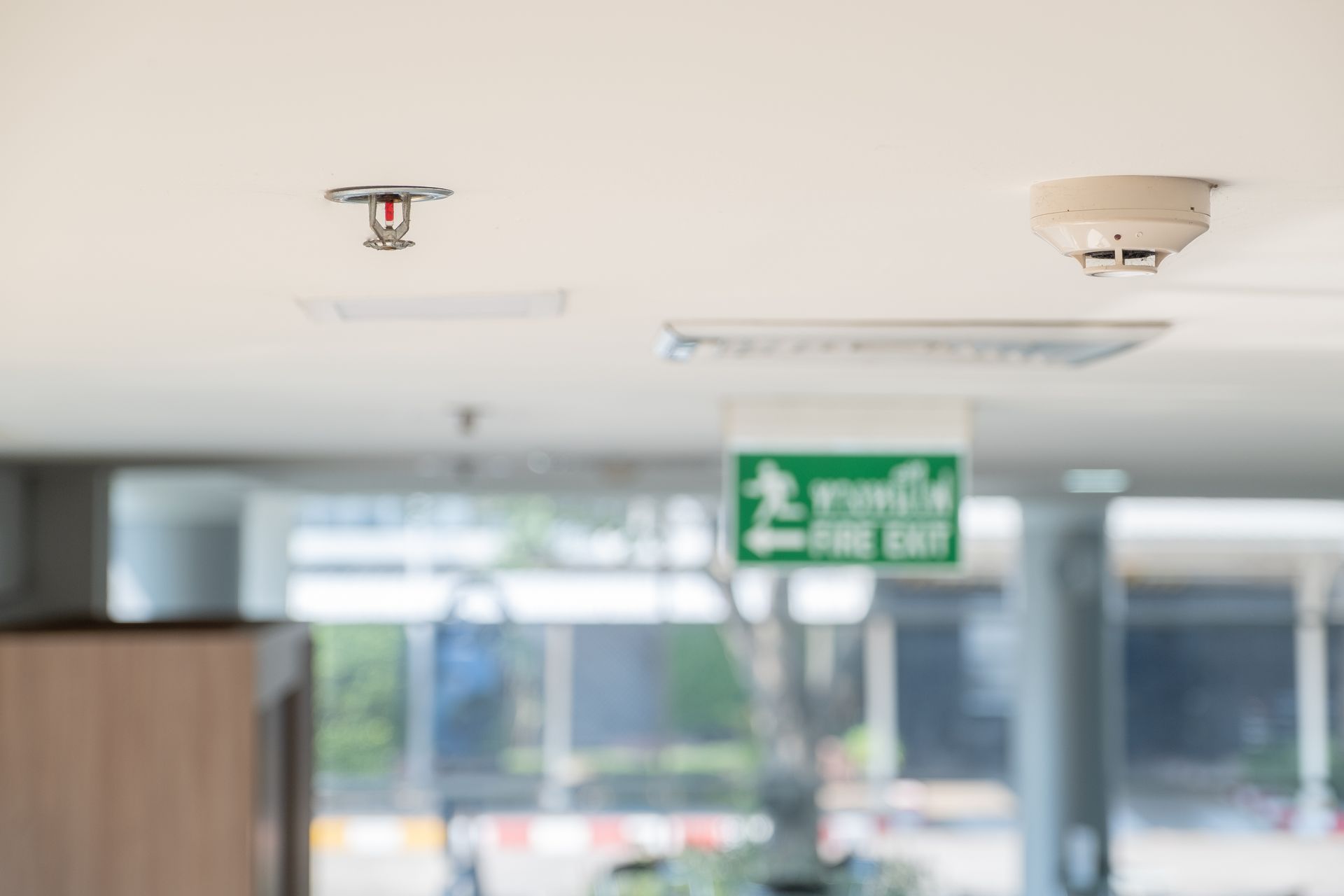 A fire sprinkler, smoke detector, and green illuminated