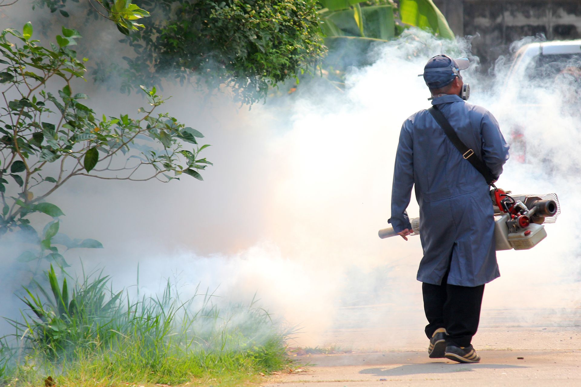 A person in protective gear walks outdoors, using a handheld fogging machine to spray a dense cloud of insecticide.