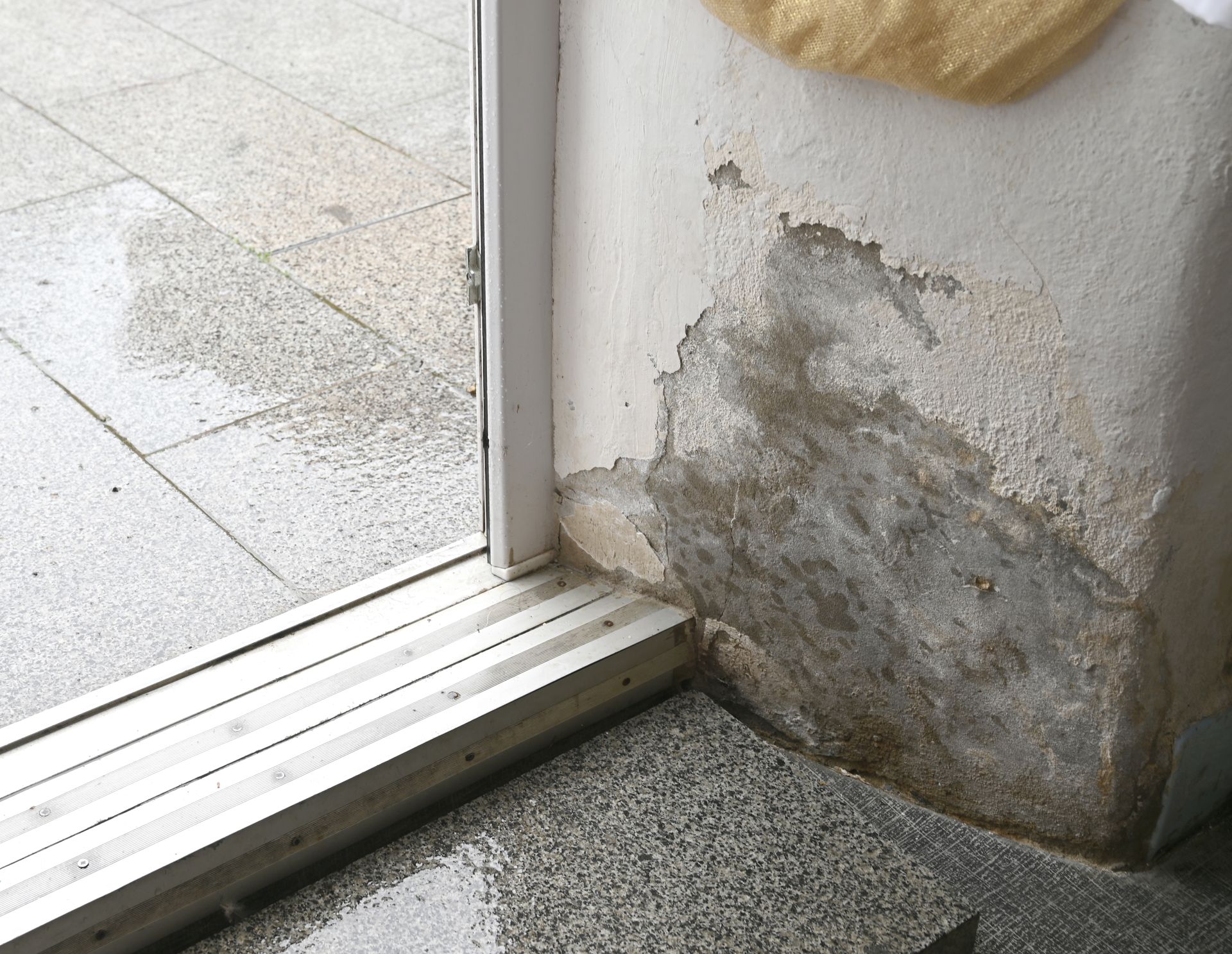Close-up of water damage and peeling paint on an interior wall corner next to a doorway and a stone step.