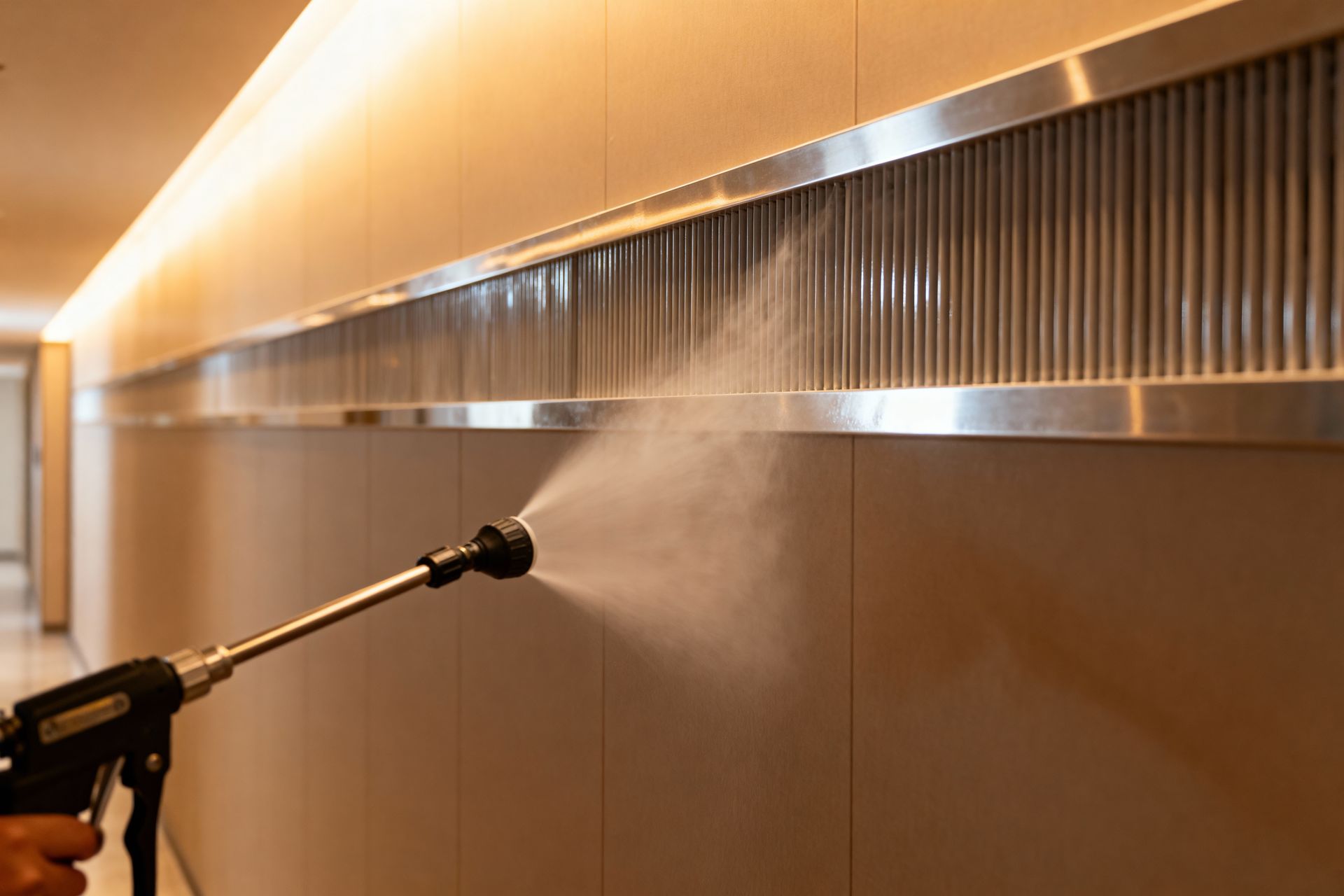 A hand holds a sprayer, misting a disinfectant solution onto a metallic ventilation grate in a hallway.