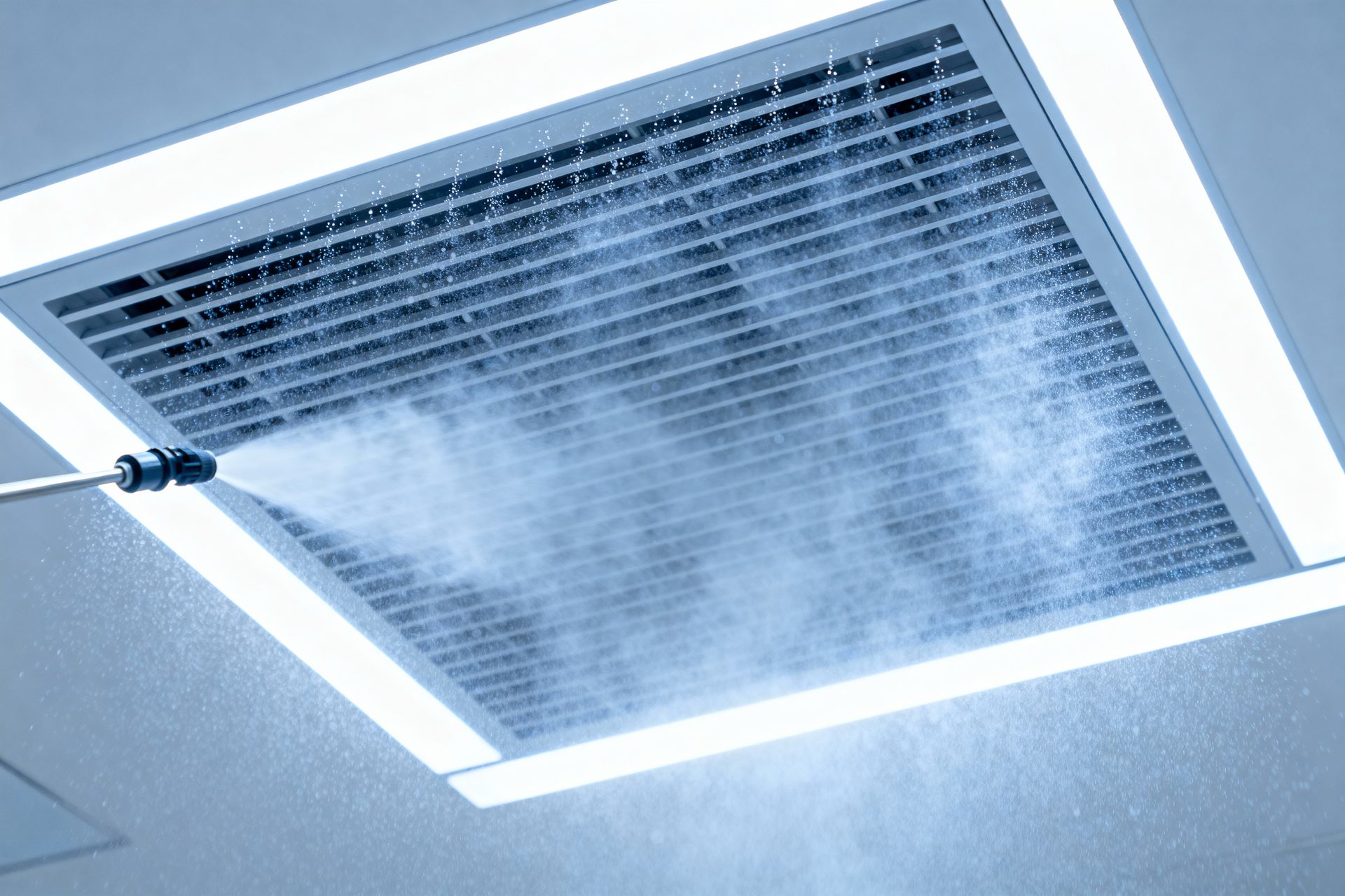 A hand-held spray nozzle cleaning a white ceiling-mounted HVAC ventilation grill with a fine mist of water.