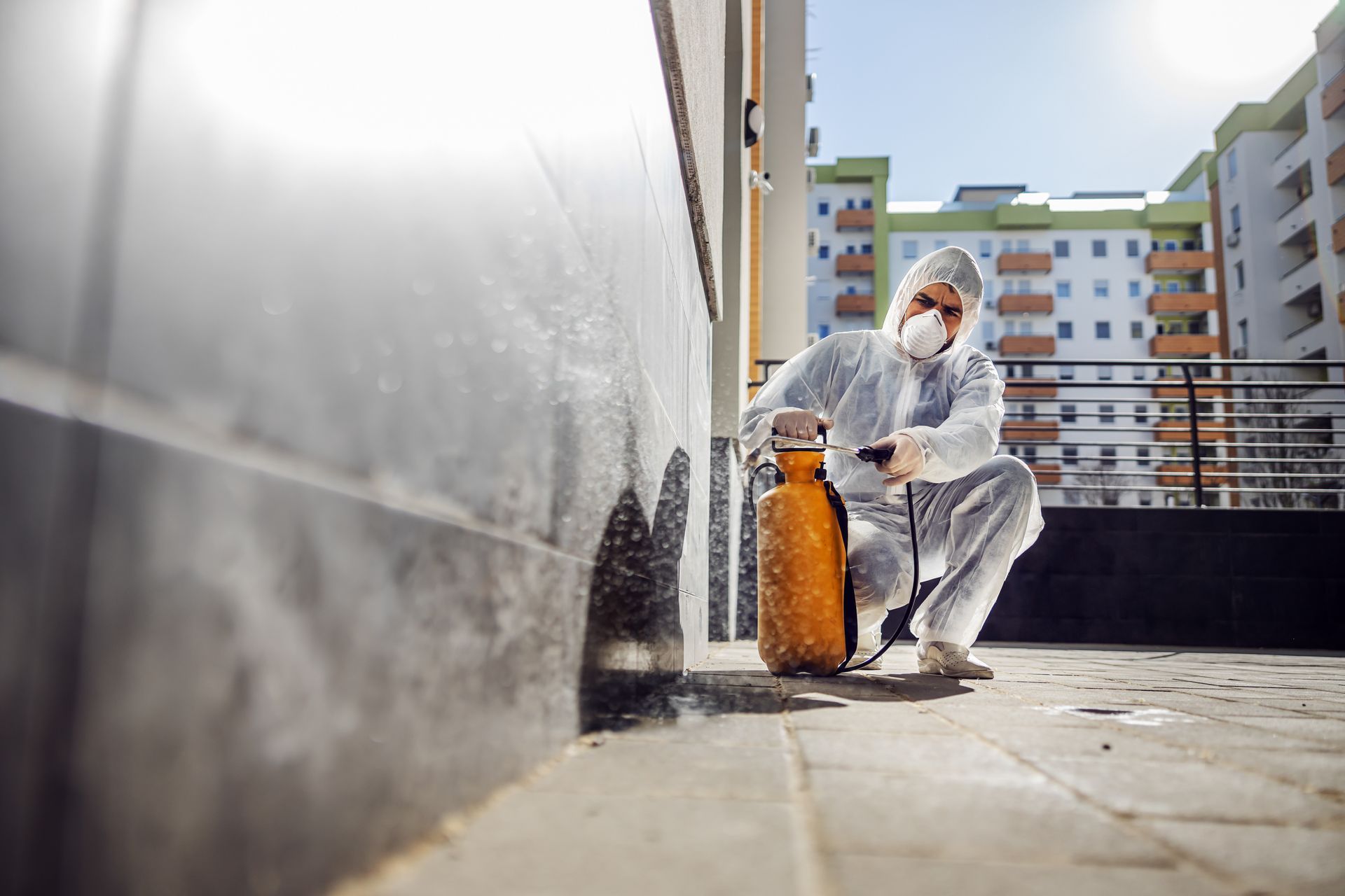 A person in protective gear crouches to spray the exterior wall of a building with an orange canister.