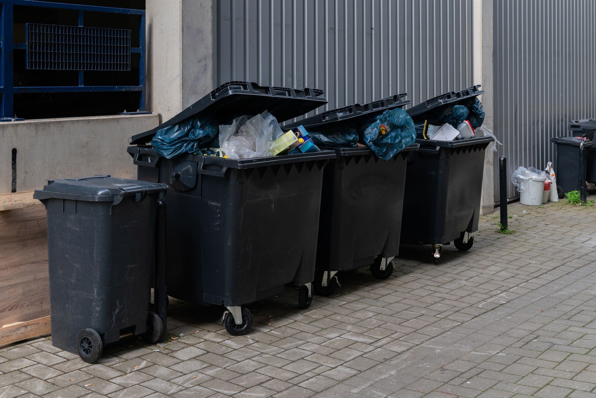 Several black wheeled trash bins are lined up on a paved surface against a gray corrugated metal wall.
