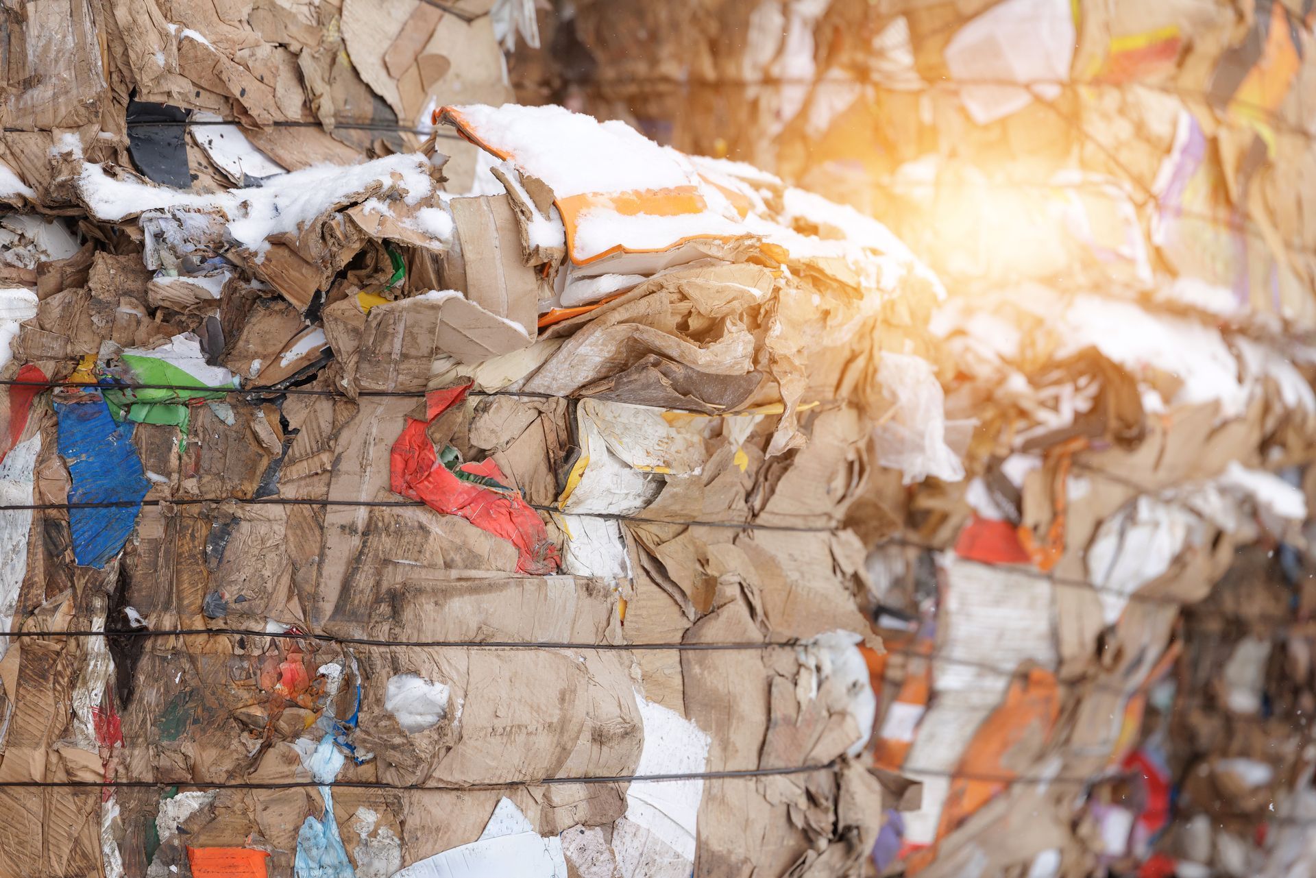 Close-up of a tightly bound bale of compressed cardboard and paper waste, partially covered in snow under bright sunlight.