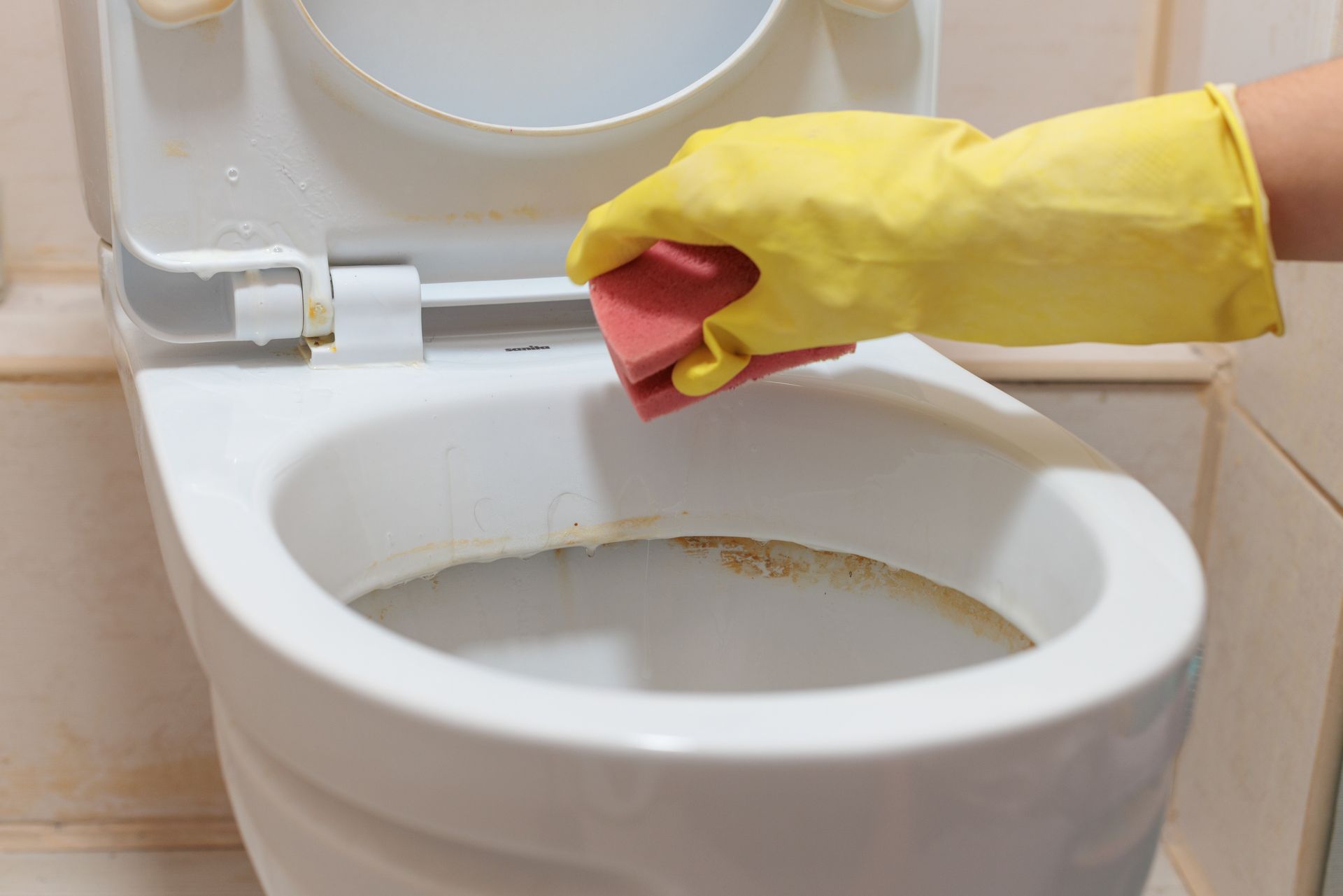 A person wearing a yellow rubber glove cleans the rim of a white toilet bowl with a pink sponge.