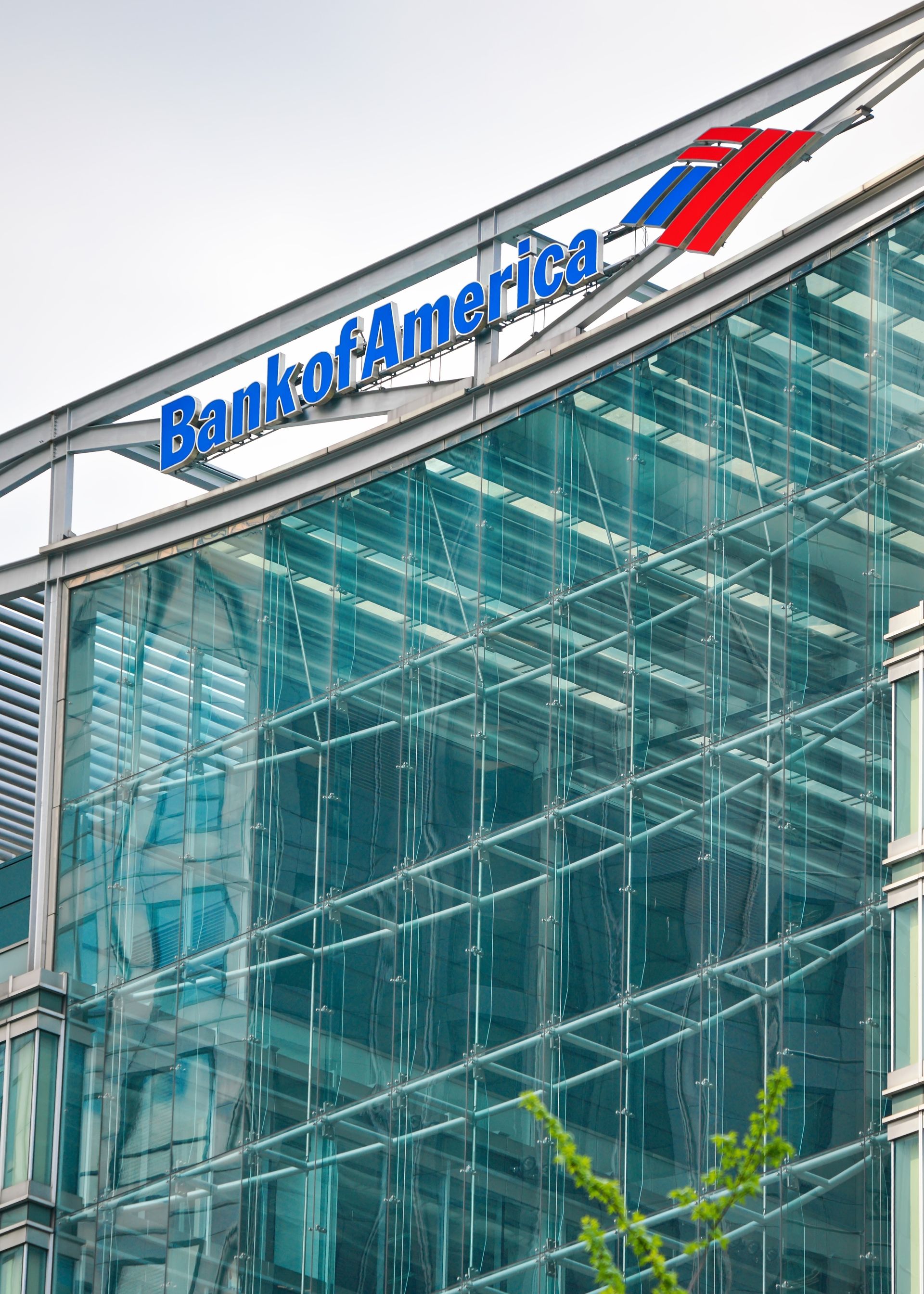 Bank of America logo on a glass office building facade