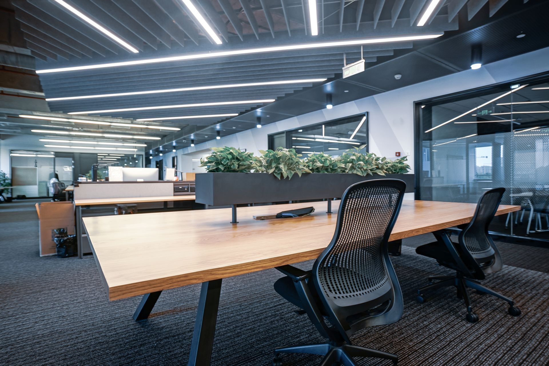 Modern office space featuring a long wooden desk with chairs and a central planter box under ceiling light strips.