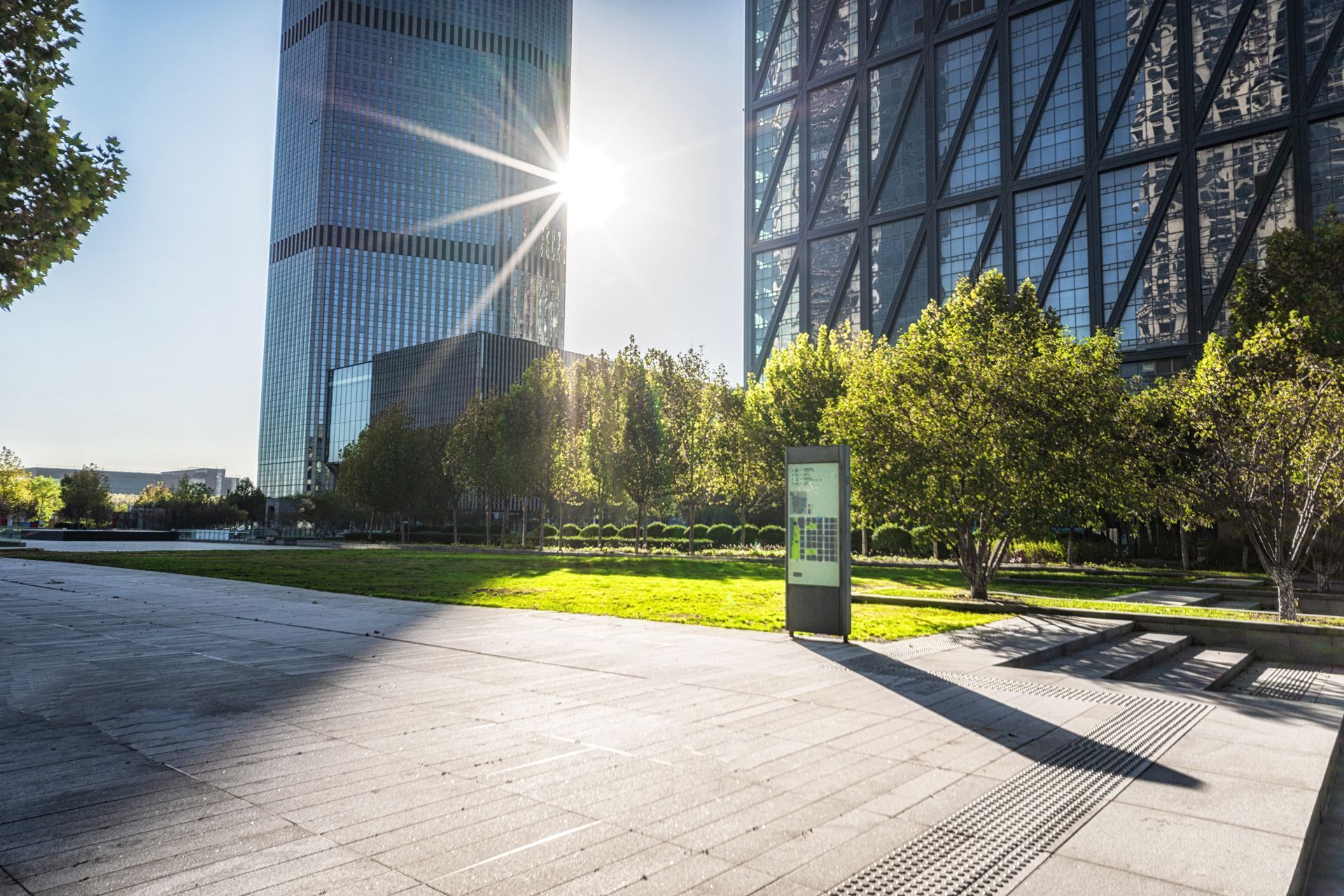 A sunlit plaza featuring paved ground, green trees, and modern skyscrapers in an urban setting.