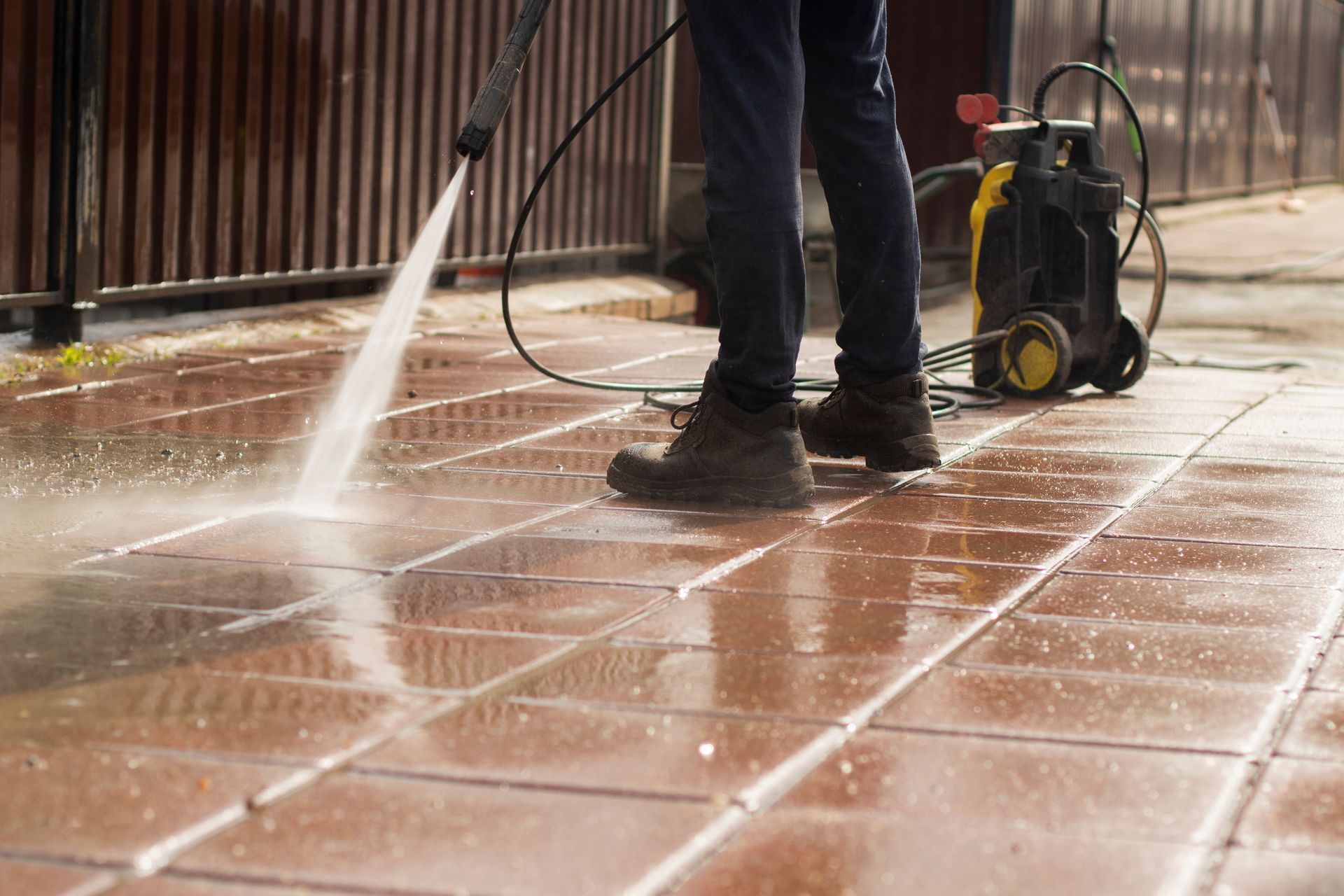 A power washer sprays water onto a metal ventilation grate set into a concrete wall.