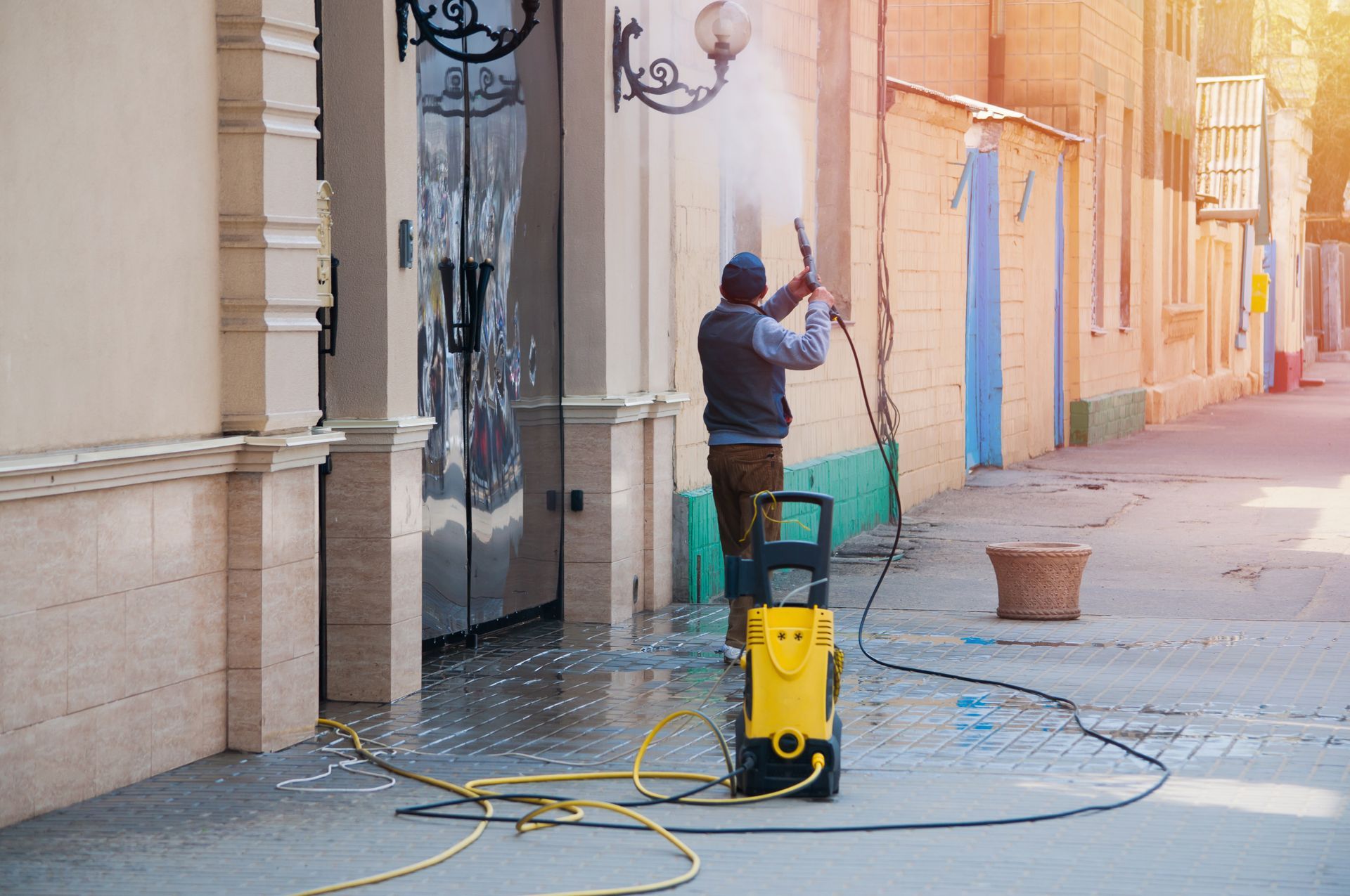 Worker pressure-washing a building exterior on a sunlit street, with hoses and a yellow cleaning machine.
