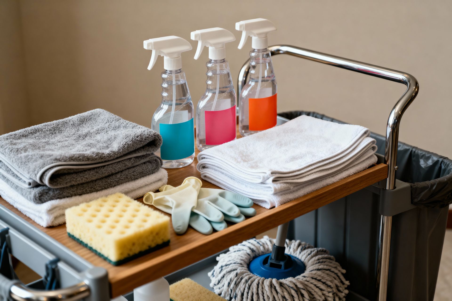 Janitorial cleaning cart with spray bottles, towels, gloves, sponge, and mop bucket tools