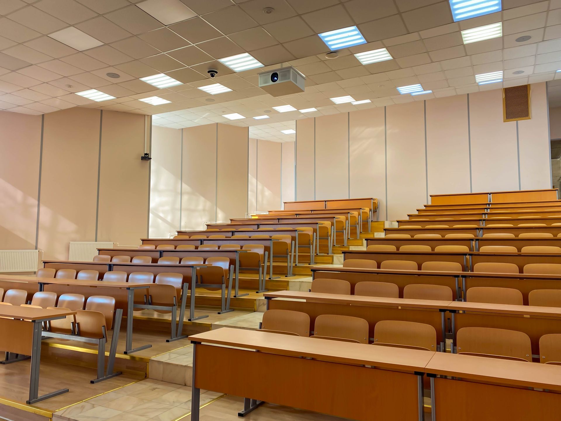 A bright, modern classroom with wooden desks, chairs, backpacks hanging on the wall, a whiteboard, and potted plants.