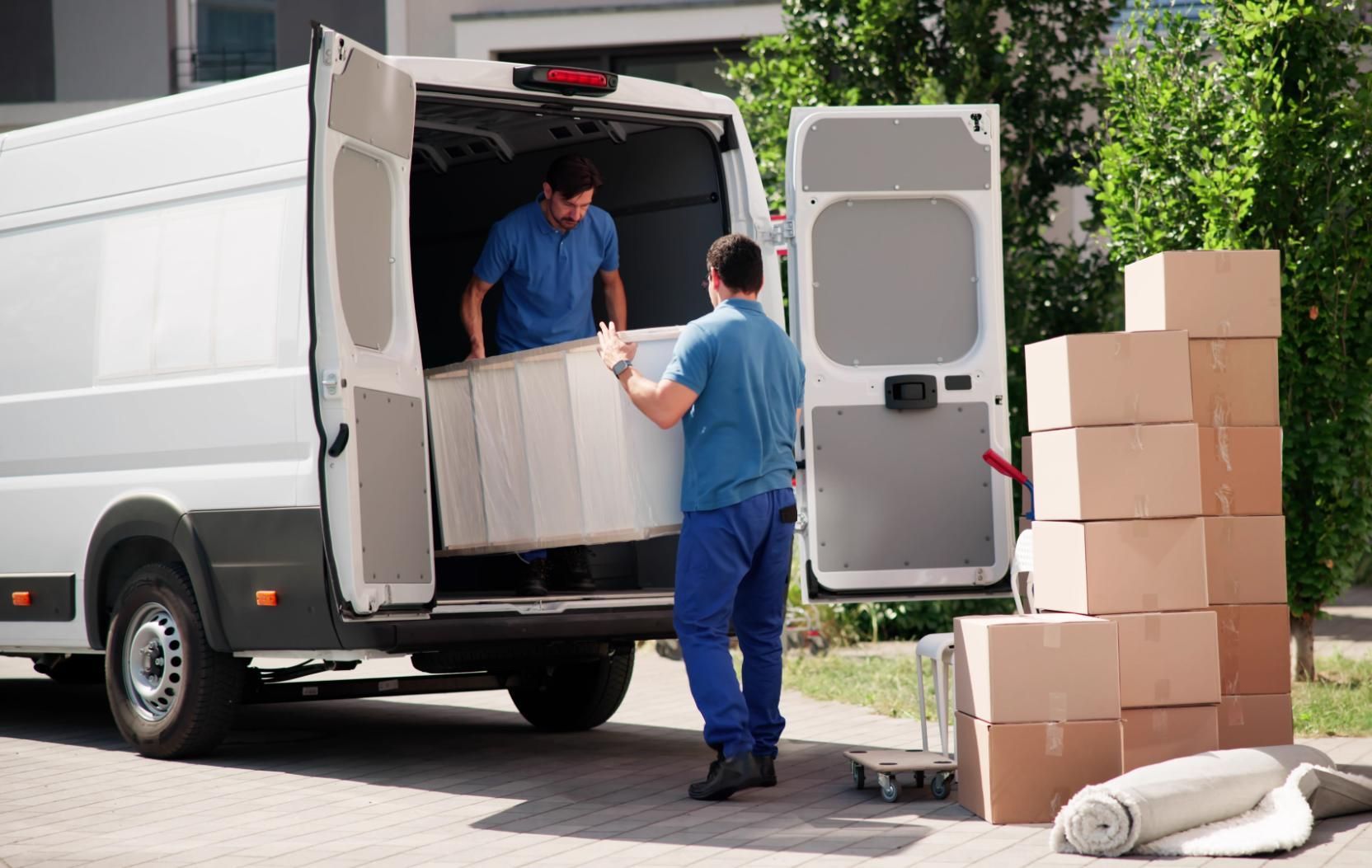 Two movers loading boxes into a white delivery van outside a house