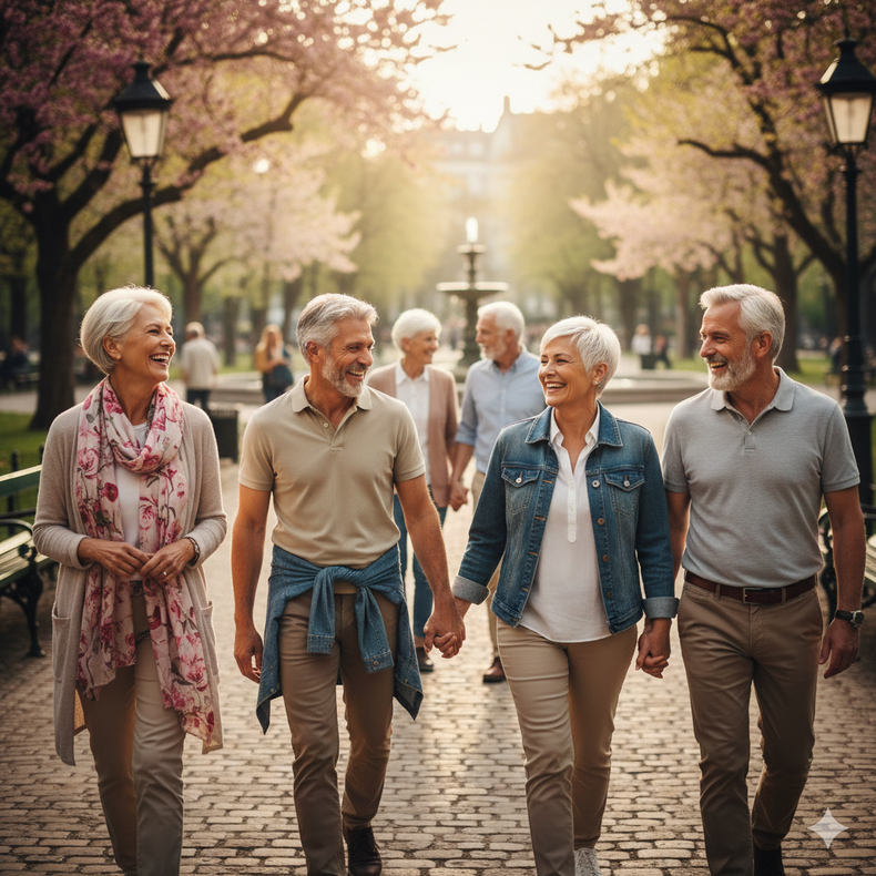 Un gruppo di anziani sorridenti cammina mano nella mano lungo un sentiero alberato in un parco.