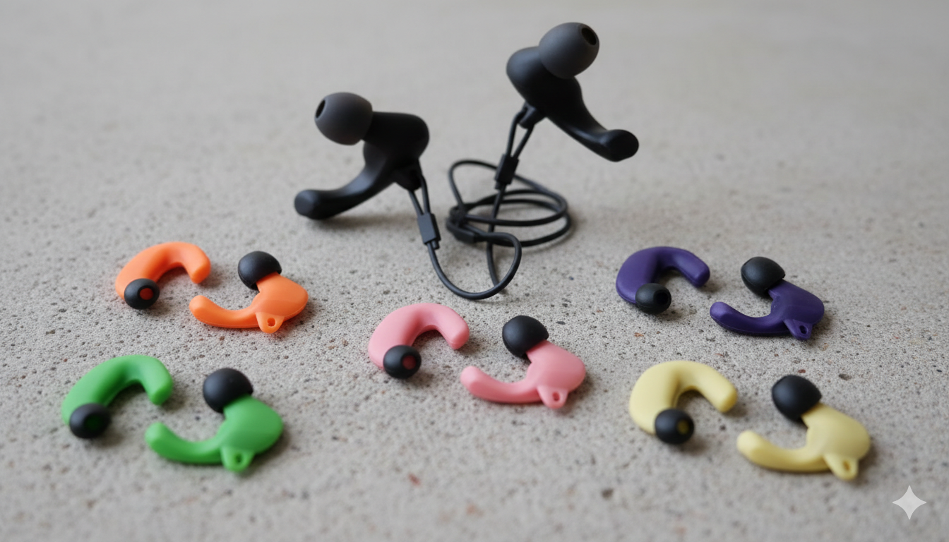 Primo piano di quattro tappi per le orecchie colorati su una superficie grigio chiaro, uno dei quali viene raccolto da una mano.
